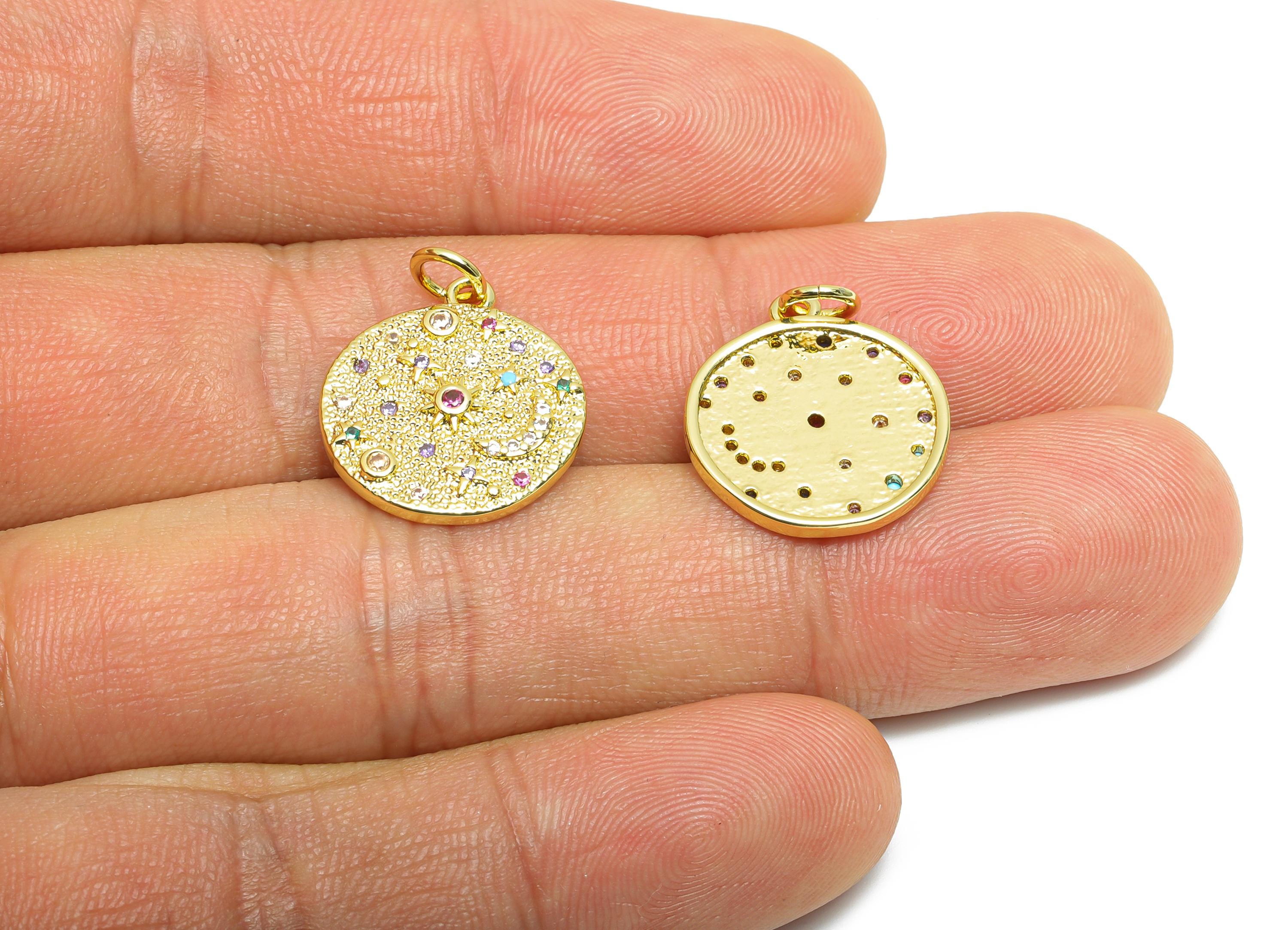 Brass Celestial Pendant - Brass Dainty Cubic Zircon Pendant - Gold Star Coin Space Pendant - 18K Real Gold Plated - 17x15x2.51mm - RGP10551 - DOMEDBAZAAR