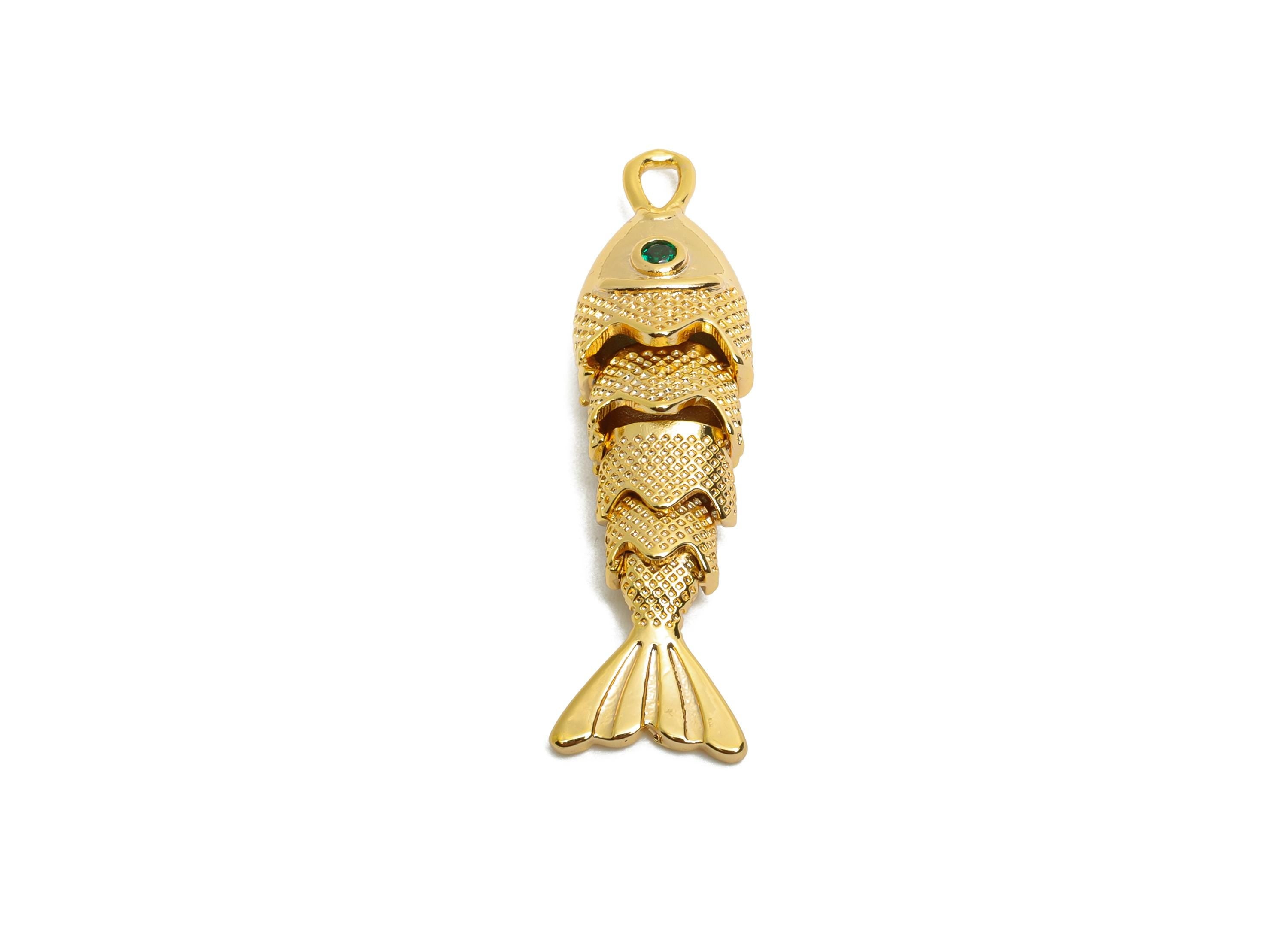 Gold Movable Fish Charms - Dainty Articulated Brass Fish Pendant - CZ Handmade Fish Jewelry - 18K Gold Plating - 32.9x8.54x6.14mm - RGP10521 - DOMEDBAZAAR
