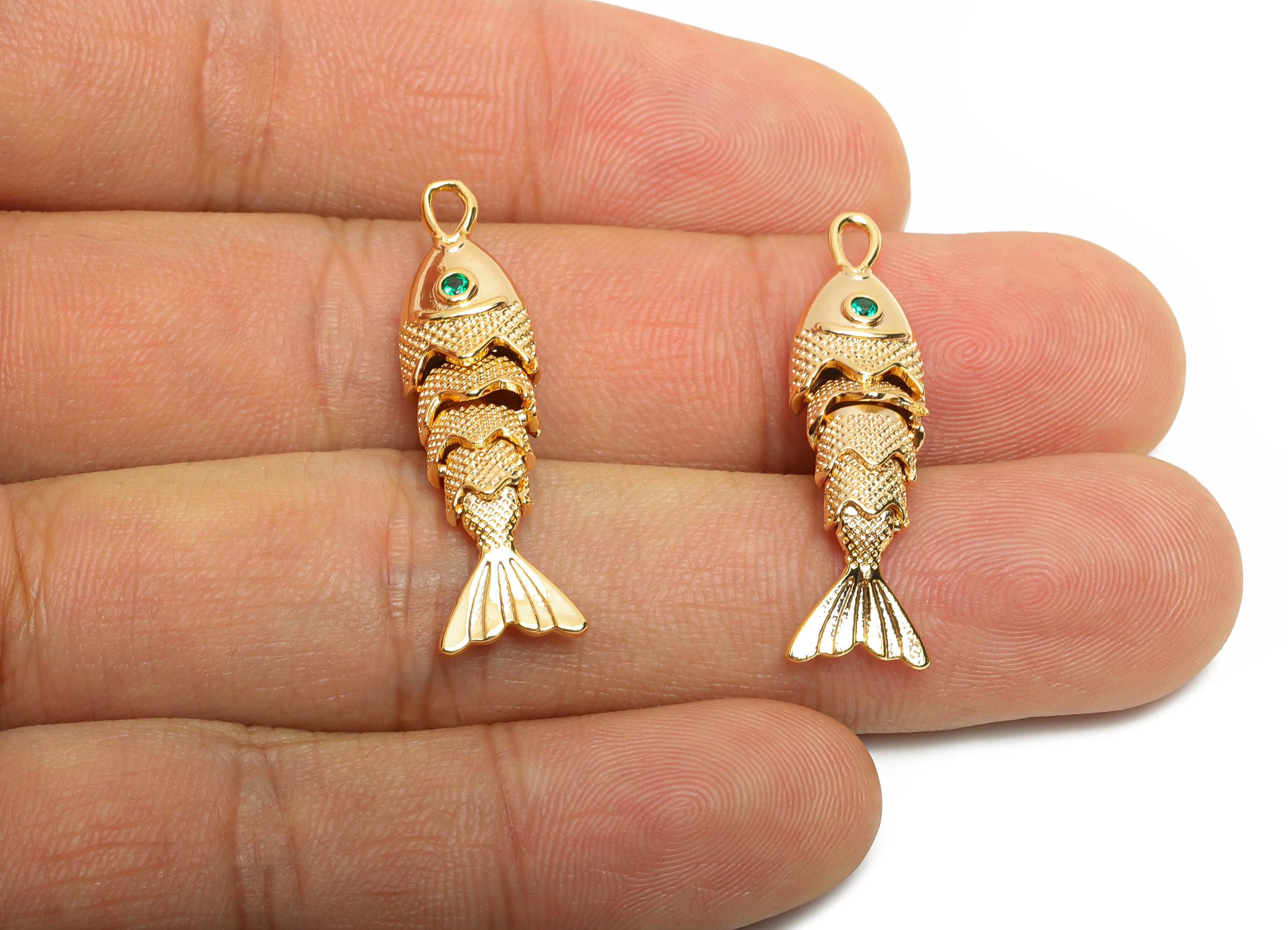 Gold Movable Fish Charms - Dainty Articulated Brass Fish Pendant - CZ Handmade Fish Jewelry - 18K Gold Plating - 32.9x8.54x6.14mm - RGP10521 - DOMEDBAZAAR