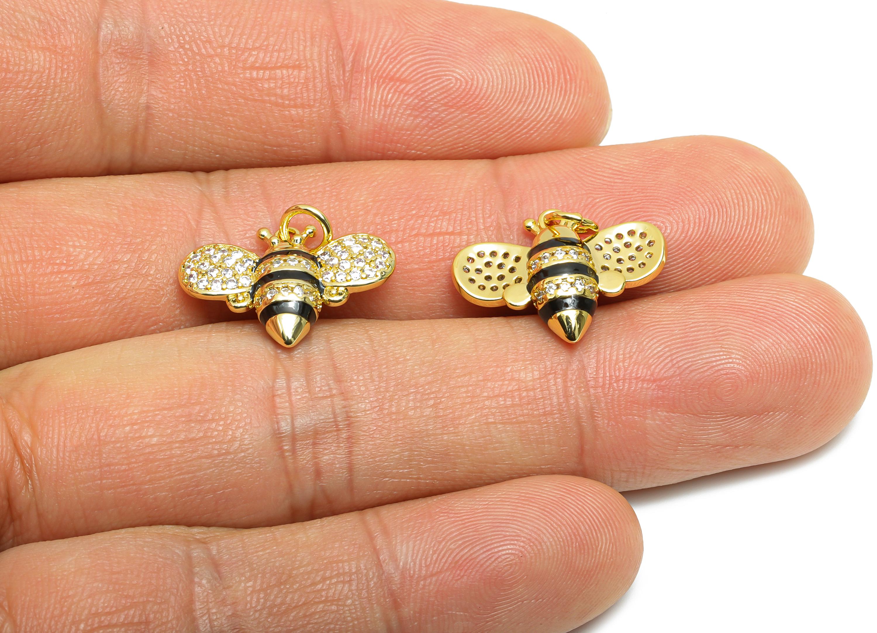 Brass Bee CZ Pendant - Brass Dainty Enamel Cubic Zircon - CZ Teardrop Bee Earring Pendant - 18K Real Gold Plated - 14x19x5.4mm - RGP10582 - DOMEDBAZAAR