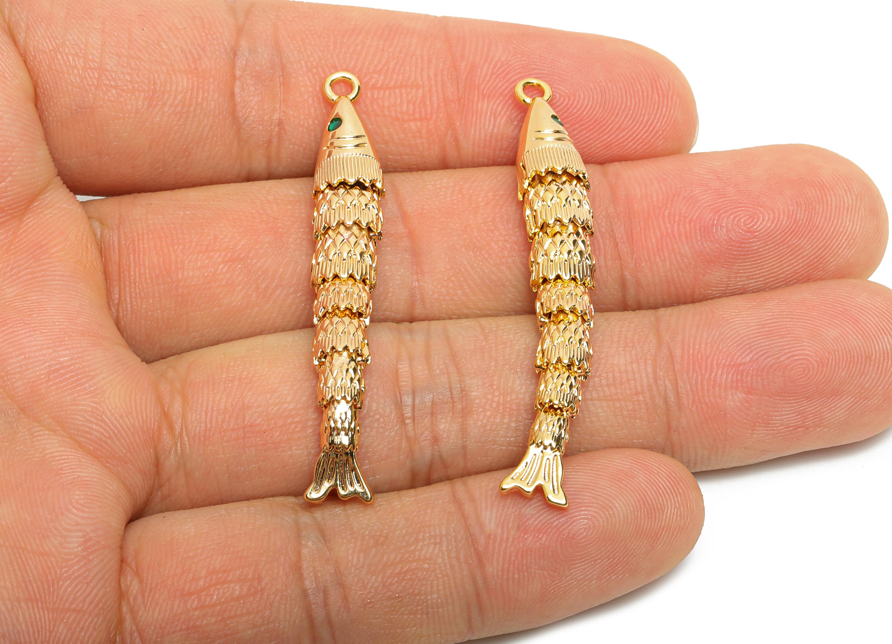Movable 3D Articulated Fish Charm - Brass Textured CZ Articulated Flexible Marine Pendant - 18K Real Gold Plated - 43x6.6x5.7mm - RGP10530 - DOMEDBAZAAR