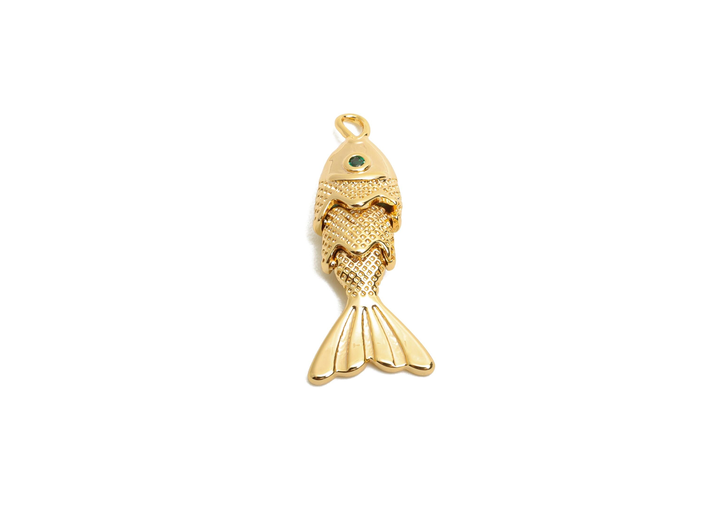 Gold Movable Fish Charms - Dainty Articulated Brass Fish Pendant - CZ Handmade Fish Jewelry - 18K Gold Plating - 22.47x9.3x4.9mm - RGP10515 - DOMEDBAZAAR