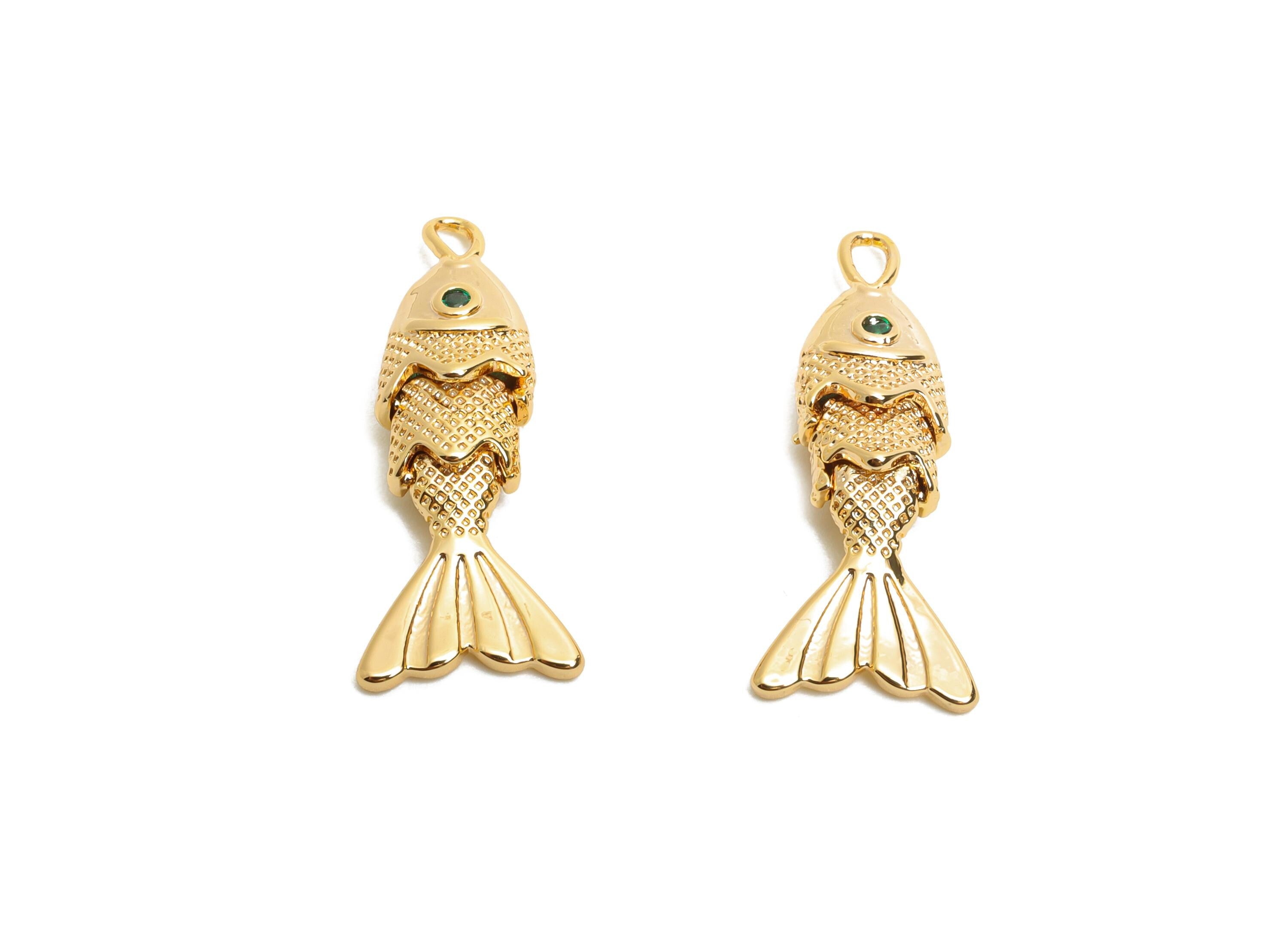 Gold Movable Fish Charms - Dainty Articulated Brass Fish Pendant - CZ Handmade Fish Jewelry - 18K Gold Plating - 22.47x9.3x4.9mm - RGP10515 - DOMEDBAZAAR