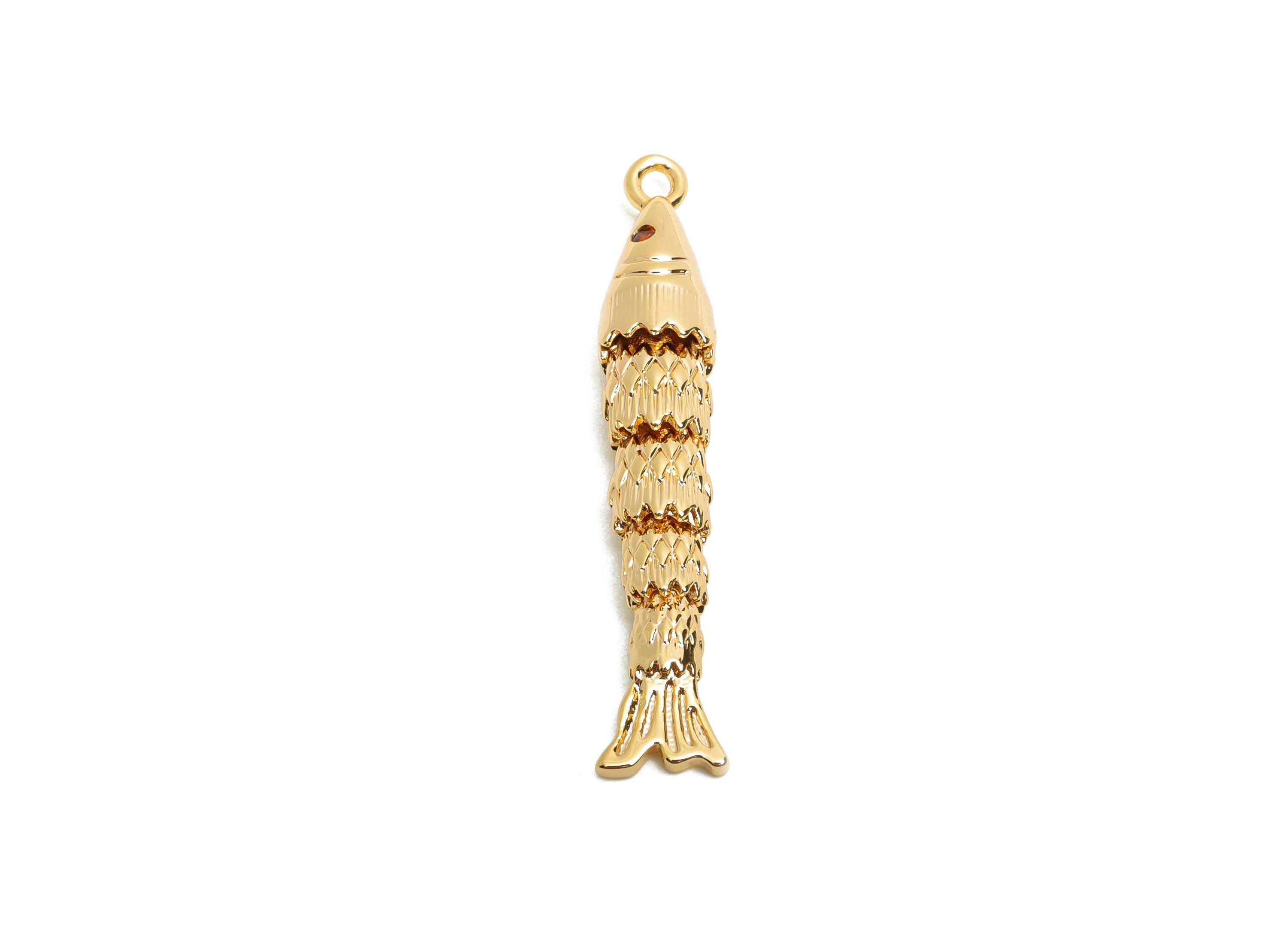 Movable 3D Articulated Fish Charms - Brass Textured Cubic Zircon Flexible Marine Pendant - 18K Real Gold Plated - 36x6.4x5.55mm - RGP10529 - DOMEDBAZAAR