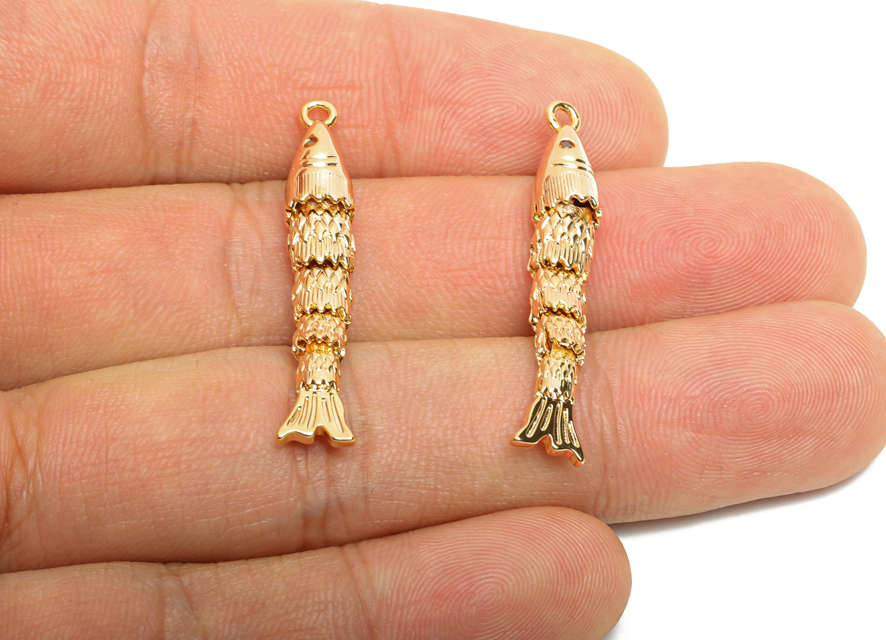 Movable 3D Articulated Fish Charms - Brass Textured Cubic Zircon Flexible Marine Pendant - 18K Real Gold Plated - 36x6.4x5.55mm - RGP10529 - DOMEDBAZAAR