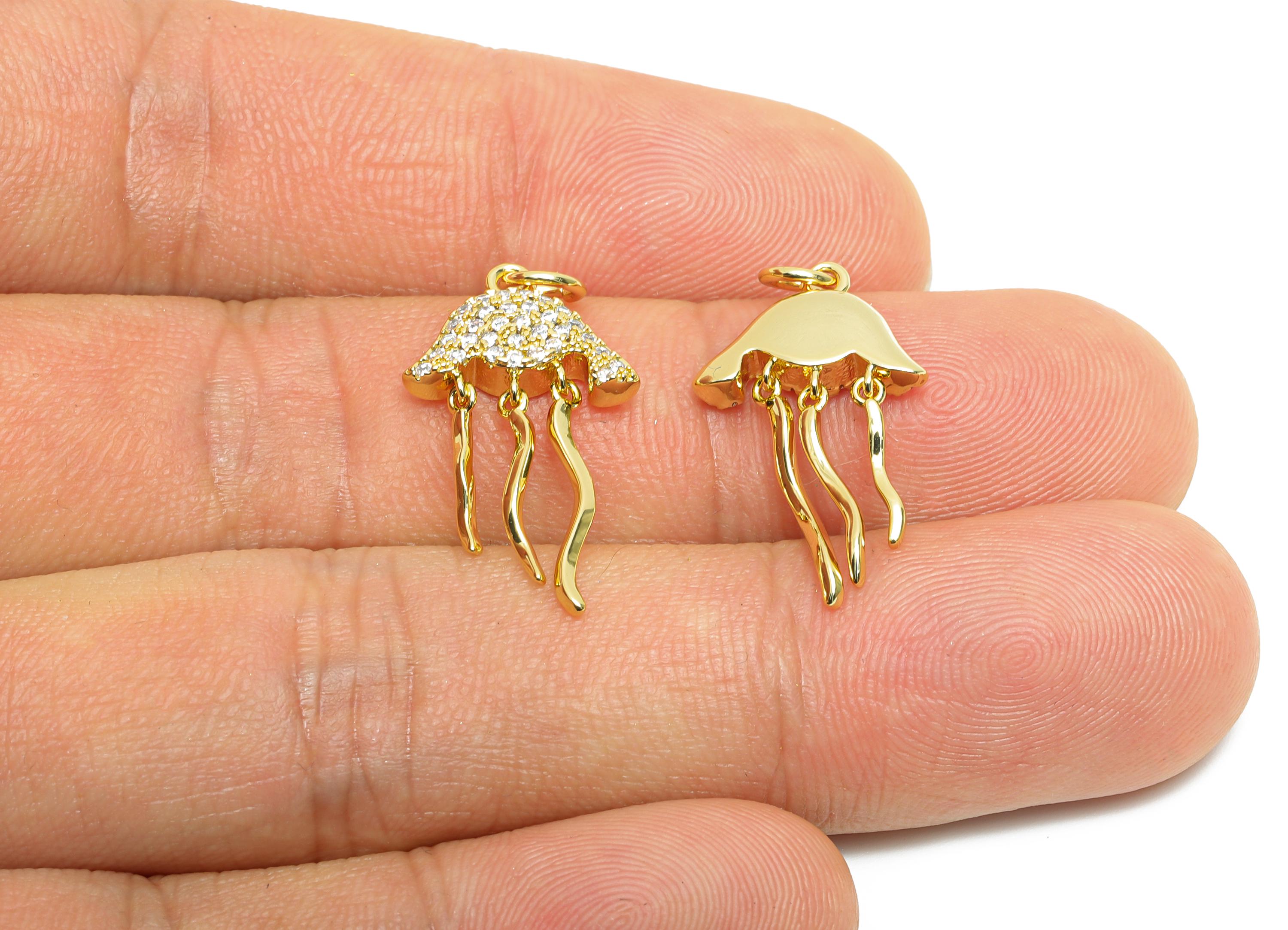 Brass Jellyfish Charm - Brass Dainty Dangle Cubic Zircon Charm - Gold Ocean Earring Charm - 18K Real Gold Plated - 22x12x3.18mm - RGP10578 - DOMEDBAZAAR