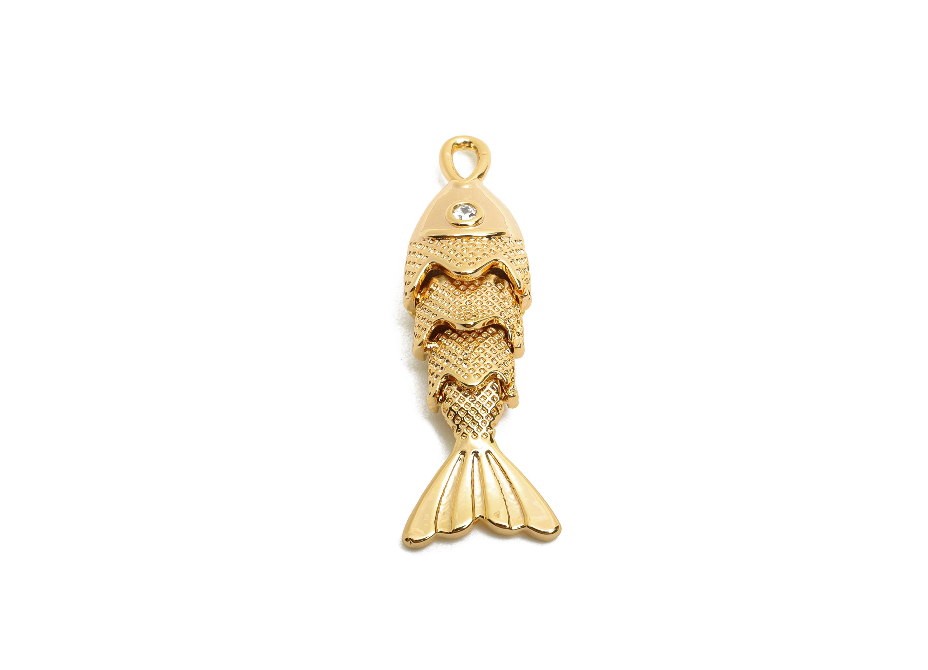 Movable 3D Articulated Fish Charms - Brass Textured Cubic Zircon Flexible Marine Pendant - 18K Real Gold Plated - 26.7x9.03x5mm - RGP10517 - DOMEDBAZAAR