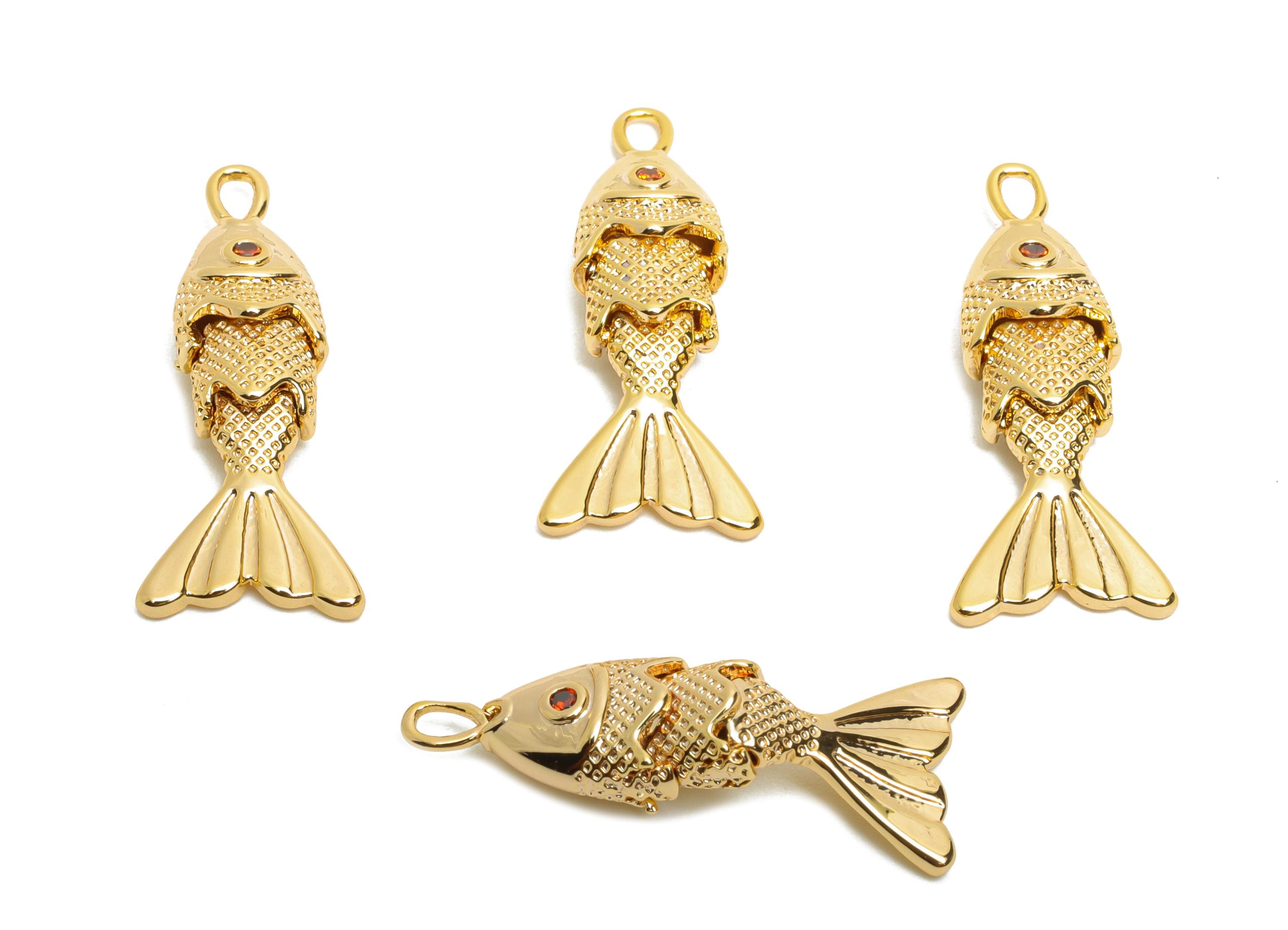 Gold Movable Fish Charms - Dainty Articulated Brass Fish Pendant - CZ Handmade Fish Jewelry - 18K Gold Plating - 22.47x9.3x4.9mm - RGP10516 - DOMEDBAZAAR
