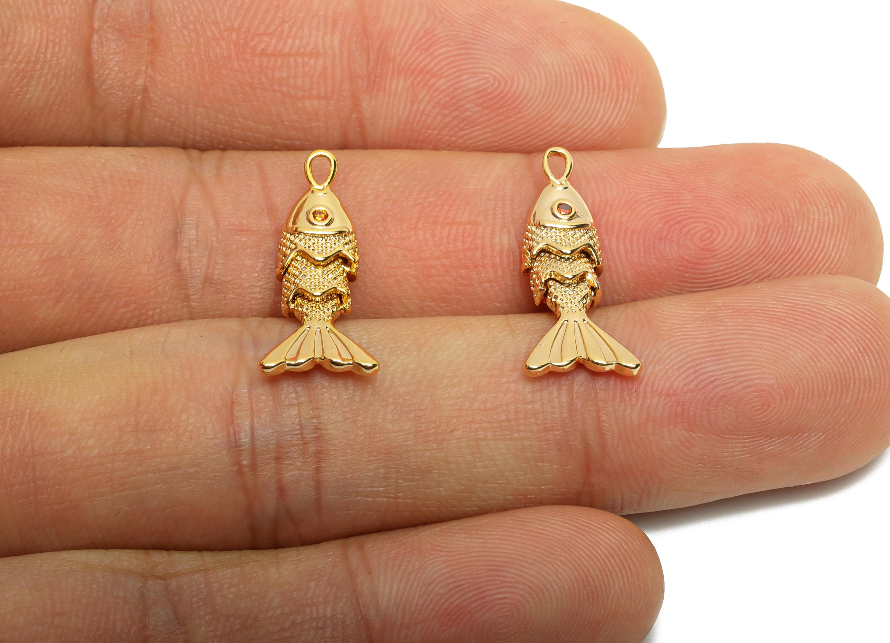 Gold Movable Fish Charms - Dainty Articulated Brass Fish Pendant - CZ Handmade Fish Jewelry - 18K Gold Plating - 22.47x9.3x4.9mm - RGP10516 - DOMEDBAZAAR