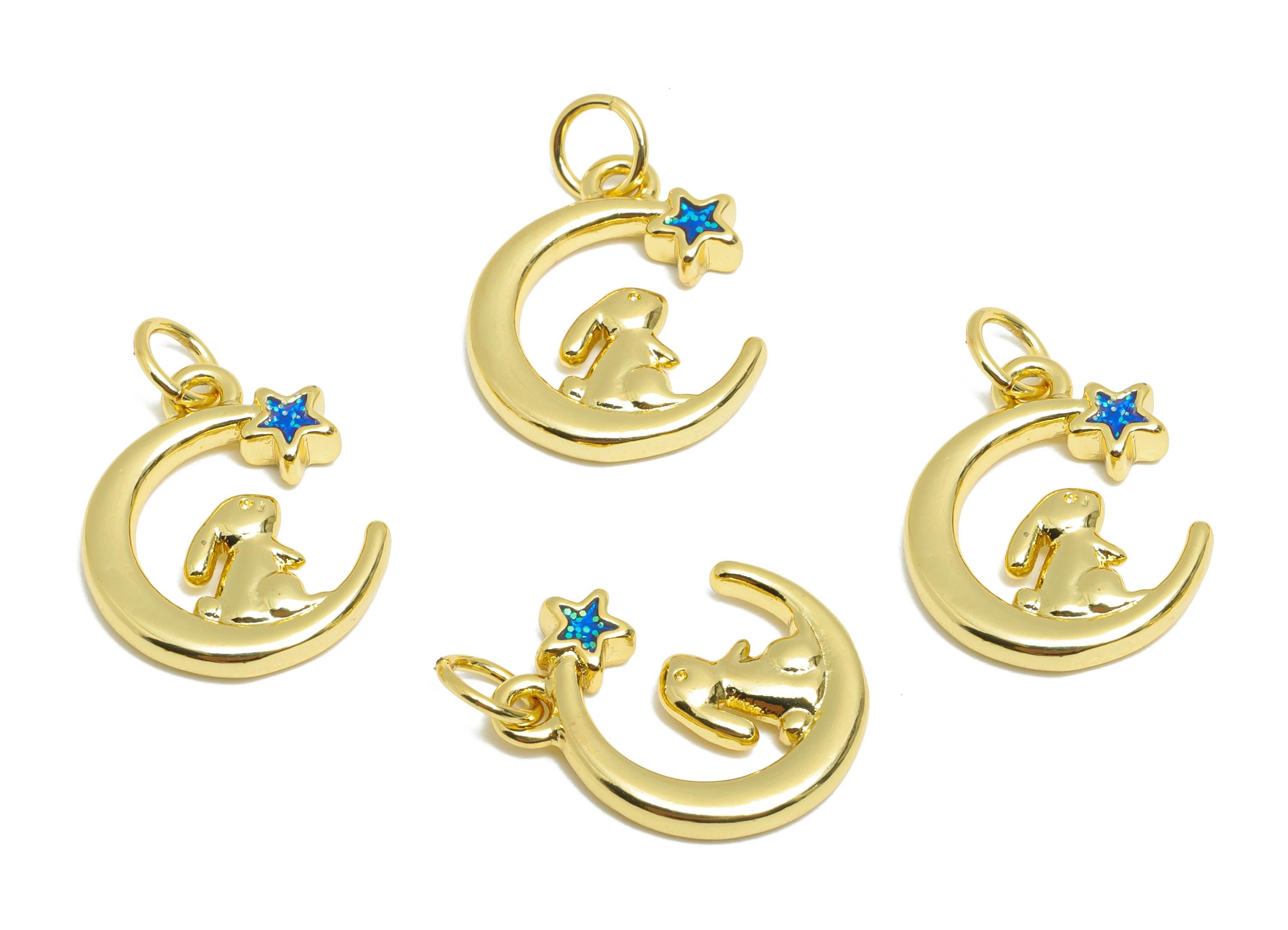 Brass Crescent Charm - Brass Rabbit Enamel Charm - Gold Moon Fairy Tale World Earring Charm - 18K Real Gold Plated - 16x13x2mm - RGP10593 - DOMEDBAZAAR