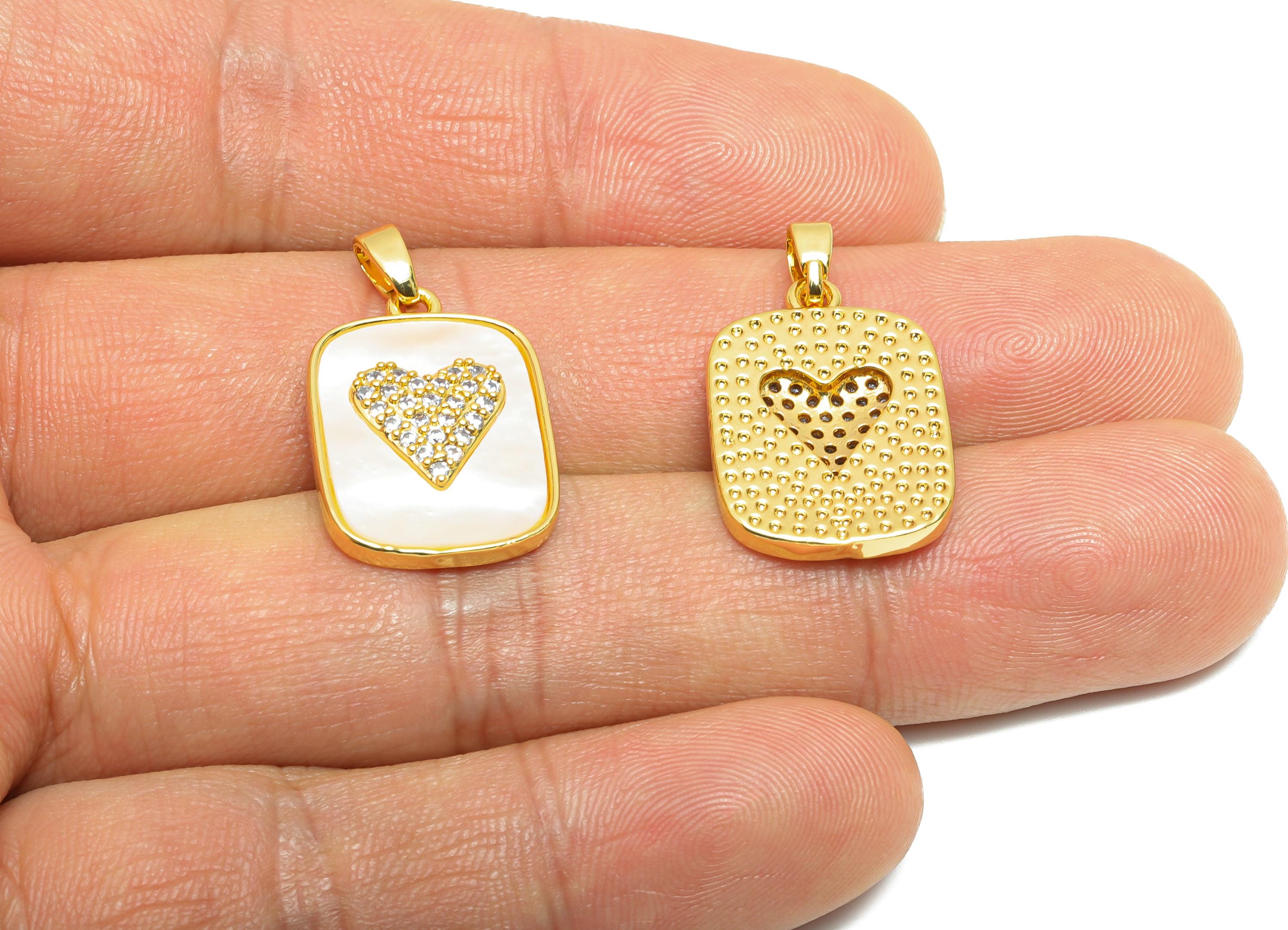 Rectangle Shell Pendant - Gold Textured CZ Heart Pendant - Romantic Necklace Jewelry - 18K Real Gold Plated - 21.13x14.77x3.24mm - RGP10664 - DOMEDBAZAAR