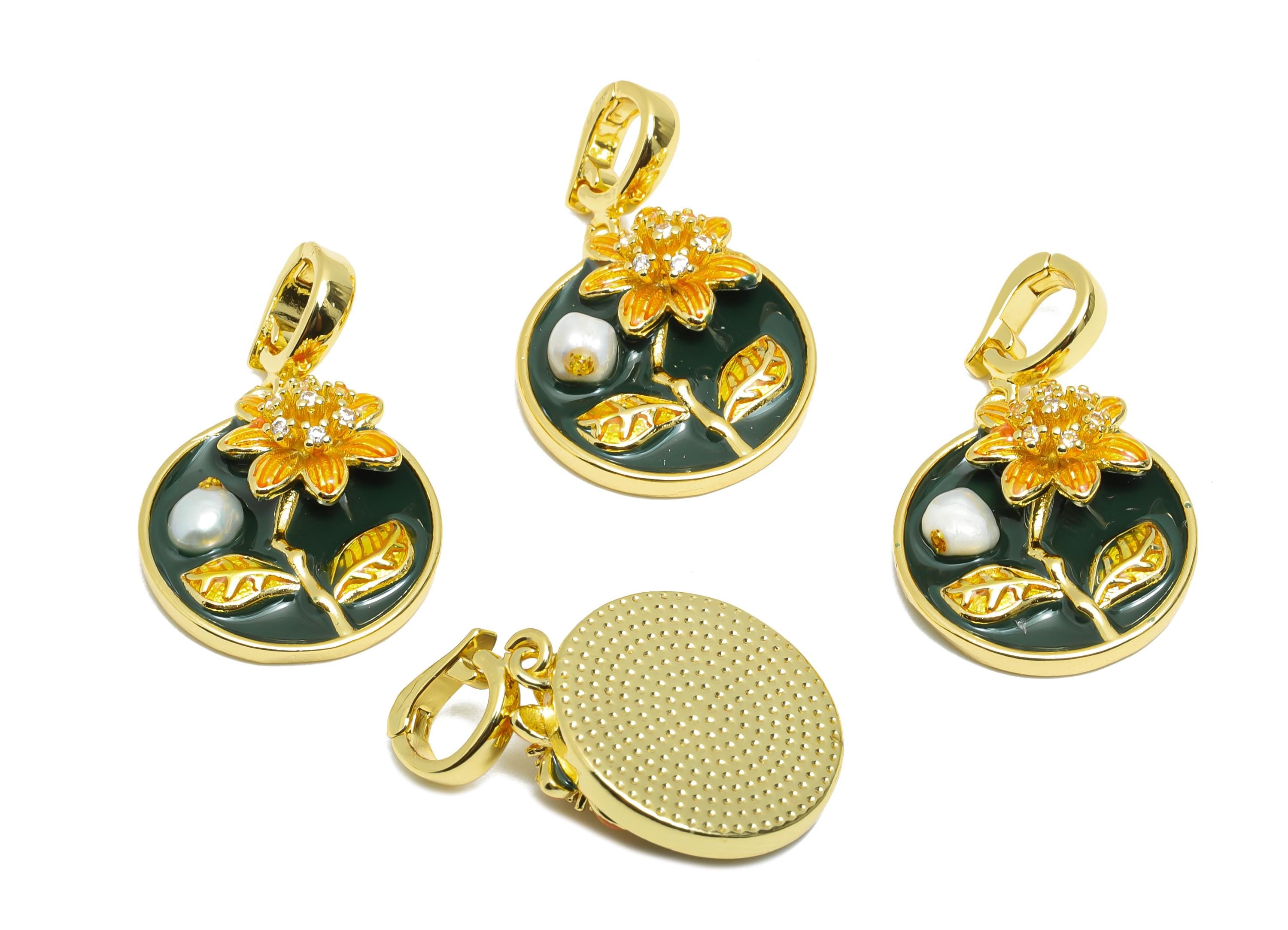 Enamel Pearl Floral Pendant - Chic Round Brass CZ Pendant - Openable Necklace Pendant - Dainty Jewelry -18K Gold Plated -19x17x6mm -RGP10665 - DOMEDBAZAAR