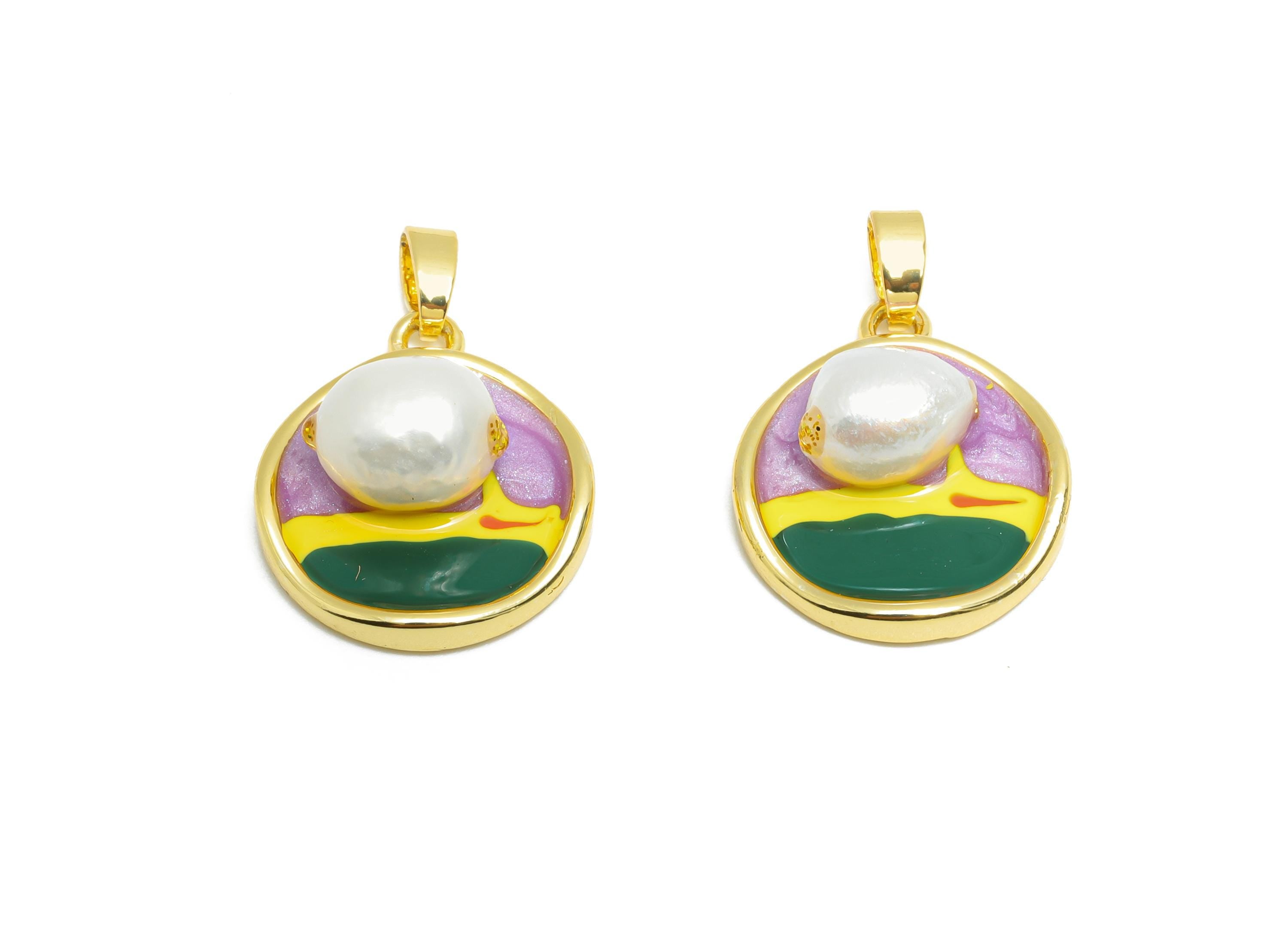 Pearl Round Pendant - Brass Enamel Dainty with Pearl Pendant - Chic Necklace Pendant - 18K Real Gold Plated - 19.2x16.5x7.57mm - RGP10644 - DOMEDBAZAAR