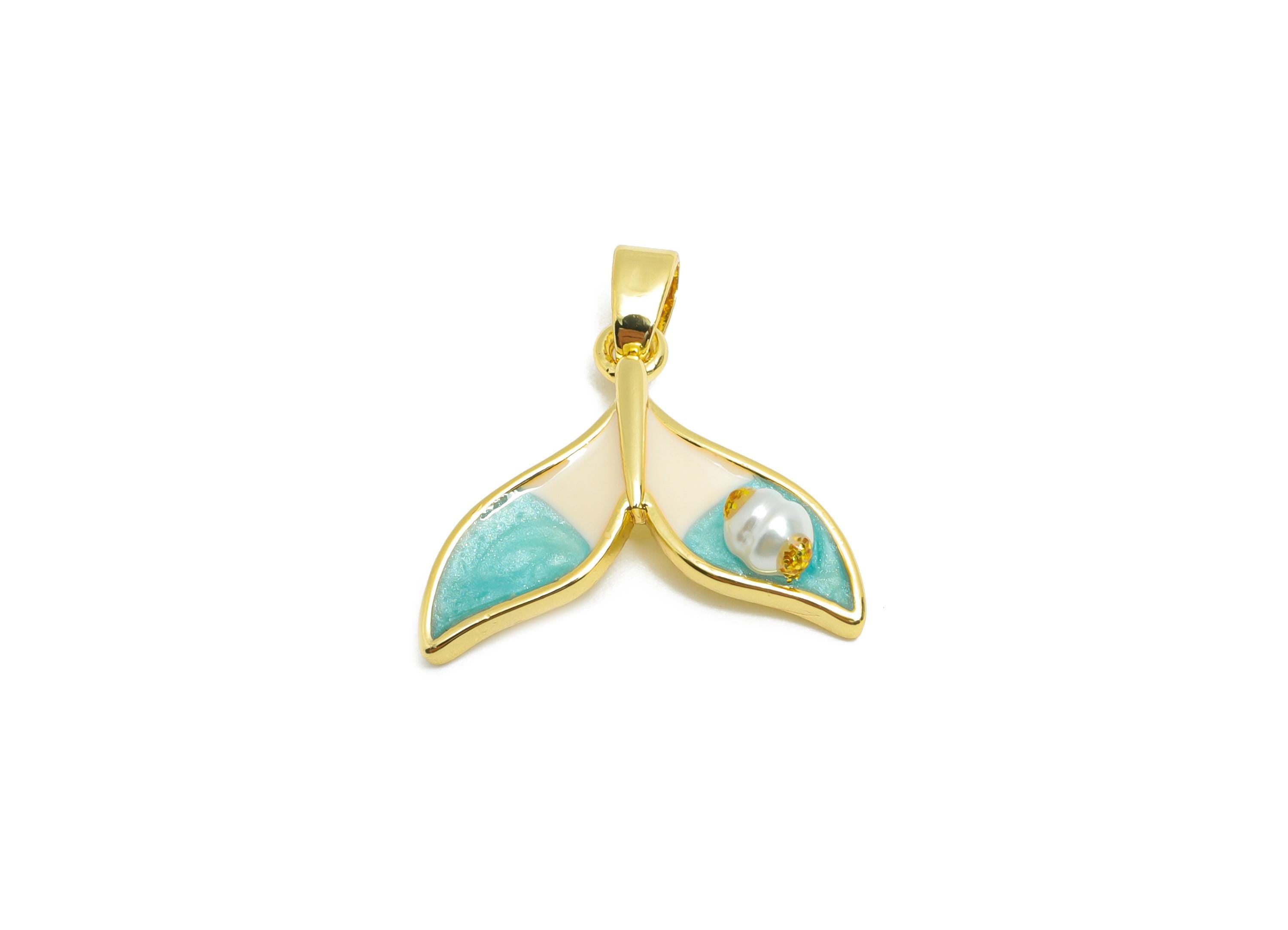 Brass Whale Tail Pendant - Brass Enamel Colorful Pendant - Gold Ocean Theme With Pearl - 18K Real Gold Plated - 16x13x2mm - RGP10650 - DOMEDBAZAAR