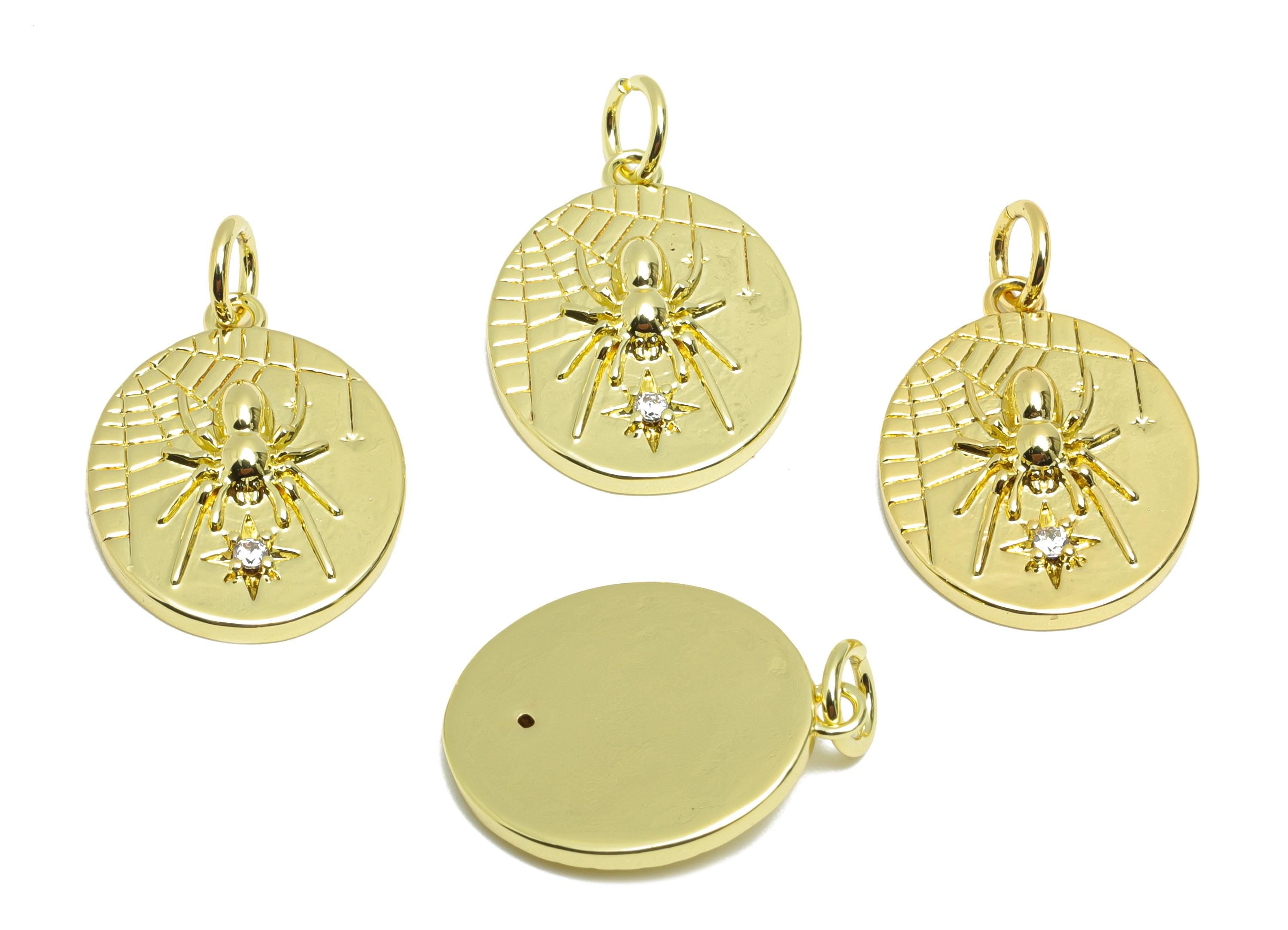 Brass Spider CZ Bracelet Charm - Dainty Oval Cubic Zircon Charm - Gold Spider Pendant - 18K Real Gold Plated - 17.98x13.77x3.5mm - RGP10550 - DOMEDBAZAAR