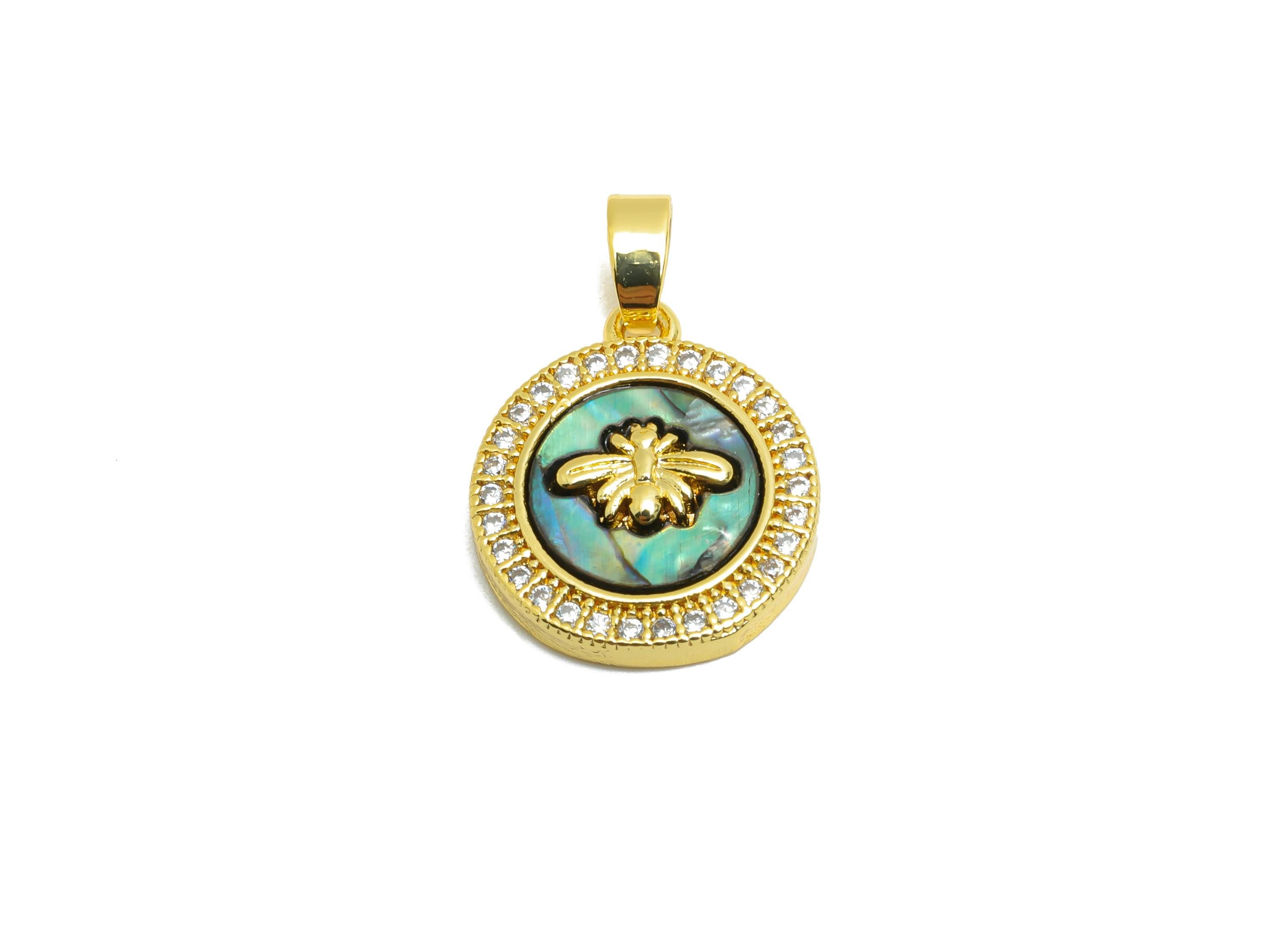 Shell Bee Pendant - Brass Zircon Abalone Shell Circle Pendant  - Dainty Gold Luxury Jewelry - 18K Real Gold Plated - 16x14x3.16mm - RGP10666 - DOMEDBAZAAR