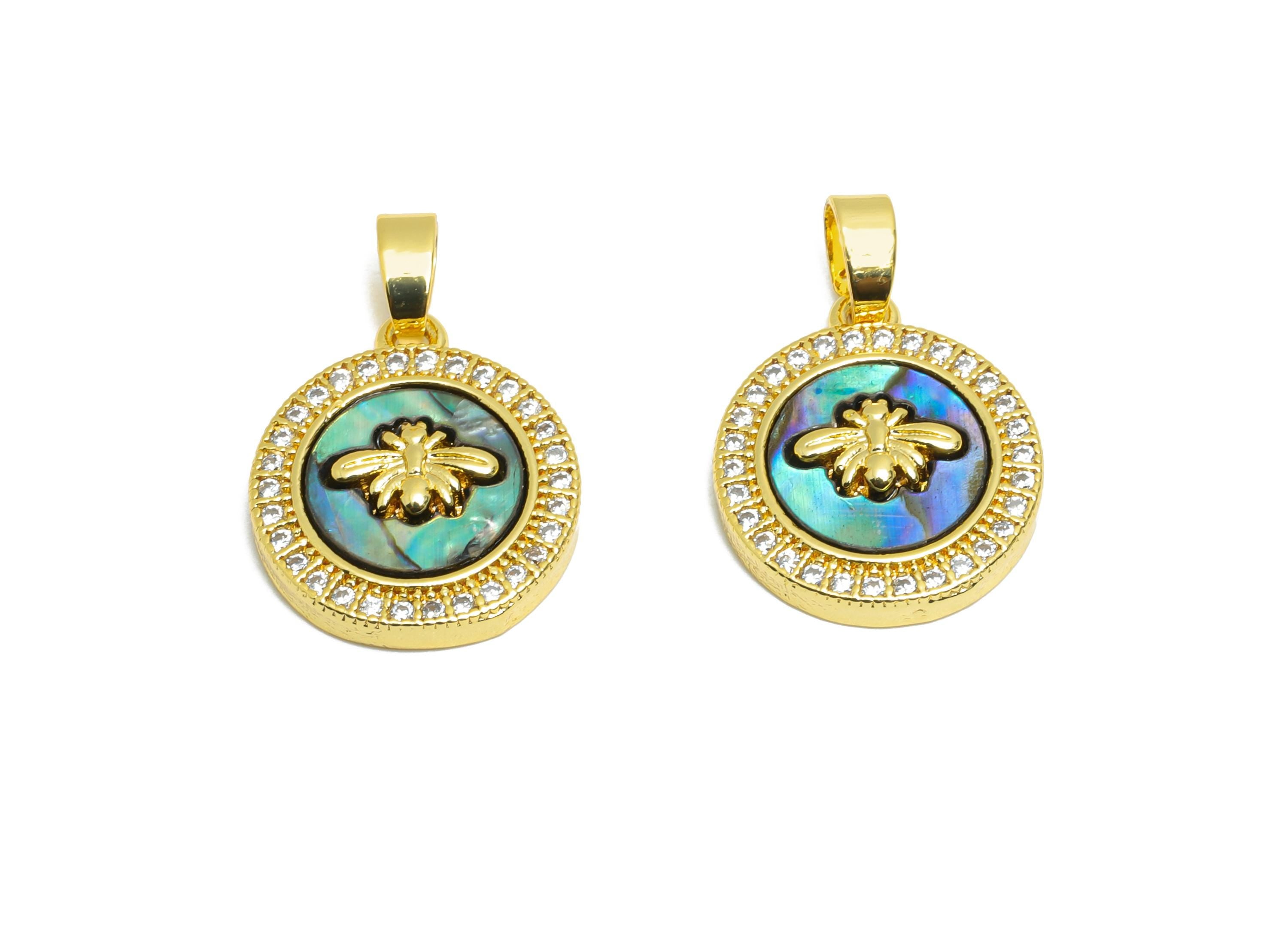 Shell Bee Pendant - Brass Zircon Abalone Shell Circle Pendant  - Dainty Gold Luxury Jewelry - 18K Real Gold Plated - 16x14x3.16mm - RGP10666 - DOMEDBAZAAR