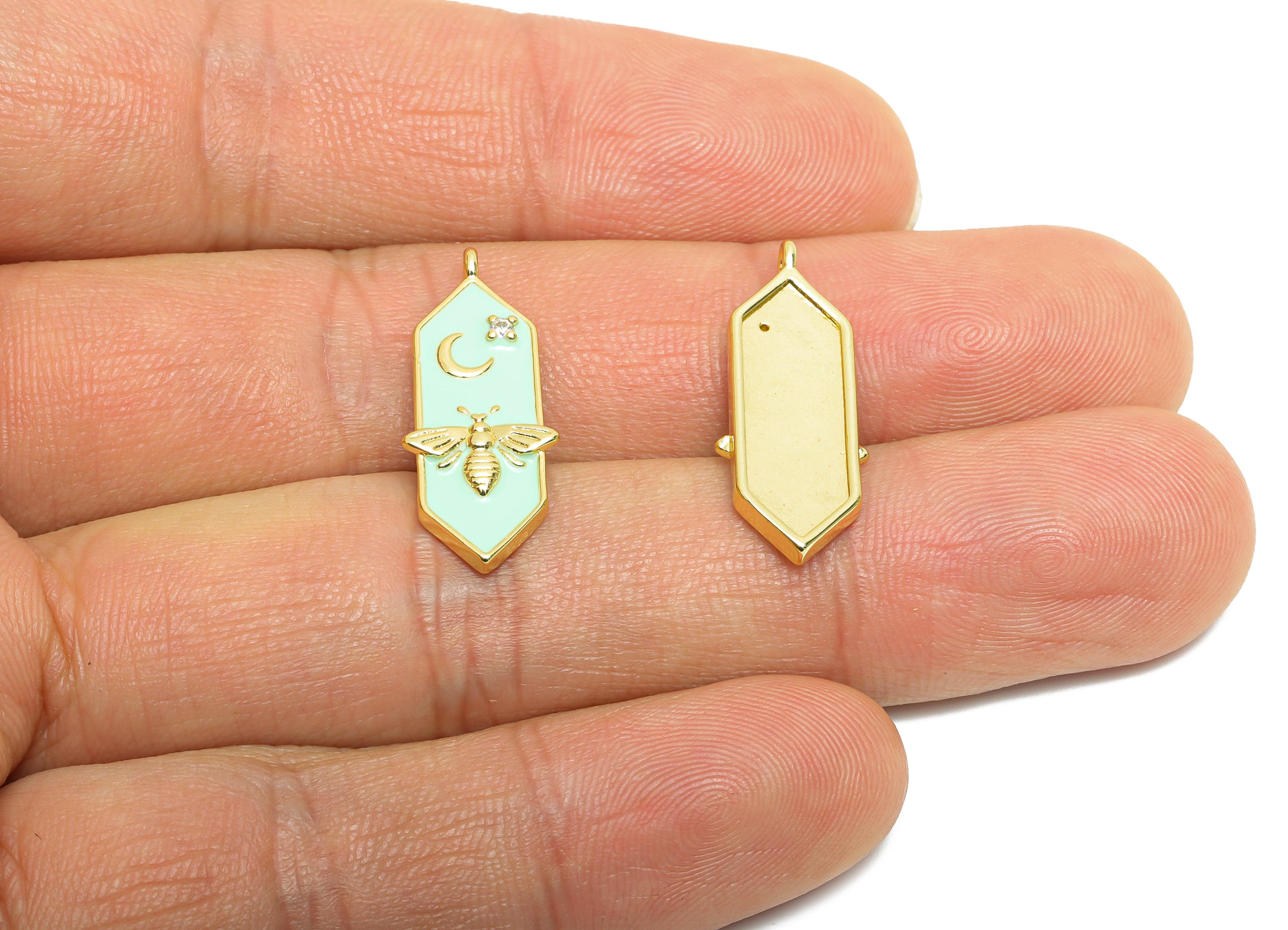 Brass Hexagon CZ Charm - Dainty Enamel Bee Moon Charm - Gold Bee Jewelry Accessories - 18K Real Gold Plated - 24.62x9.85x2.72mm - RGP10580 - DOMEDBAZAAR