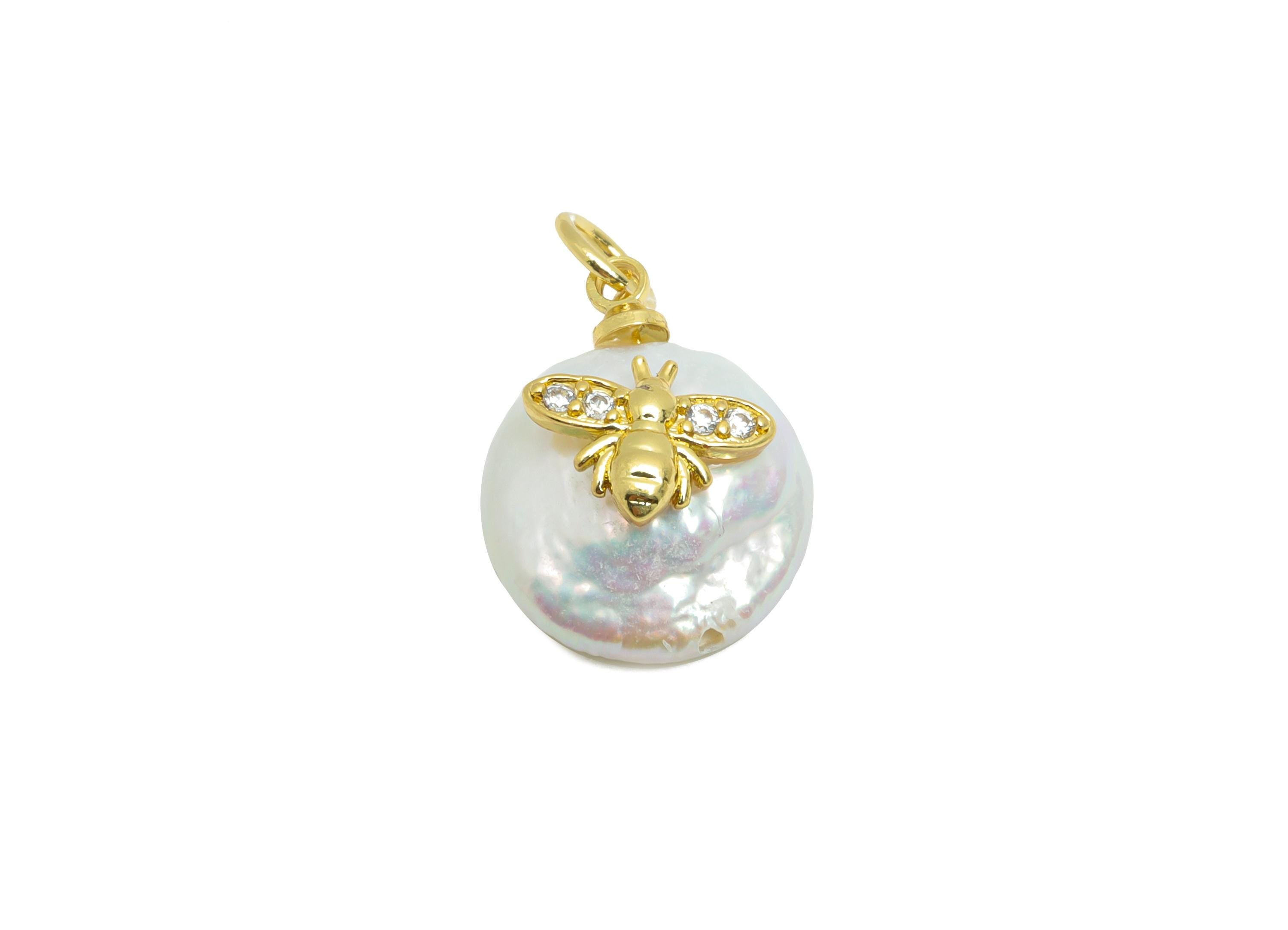 Pearl Bee Bracelet Charm - Brass Zircon Pearl Charm - Dainty Gold Minimalism Jewelry - 18K Real Gold Plated - 15.16x11.61x5.94mm - RGP10562 - DOMEDBAZAAR