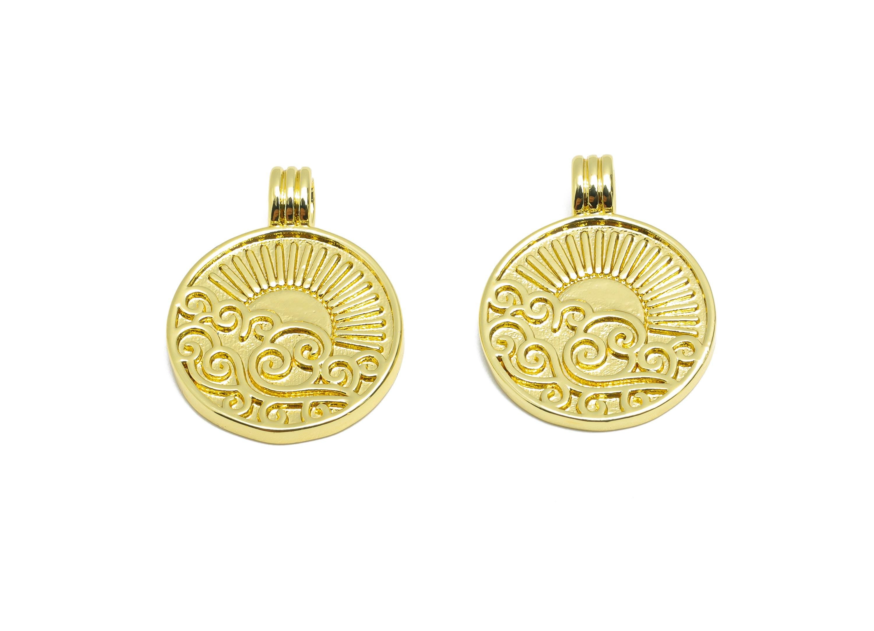 Brass Sunshine Pendant - Brass Sunrise Over the Sea Pendant  - Dainty Gold Engraved Jewelry - 18K Real Gold Plated - 23x17x2.1mm - RGP10568 - DOMEDBAZAAR