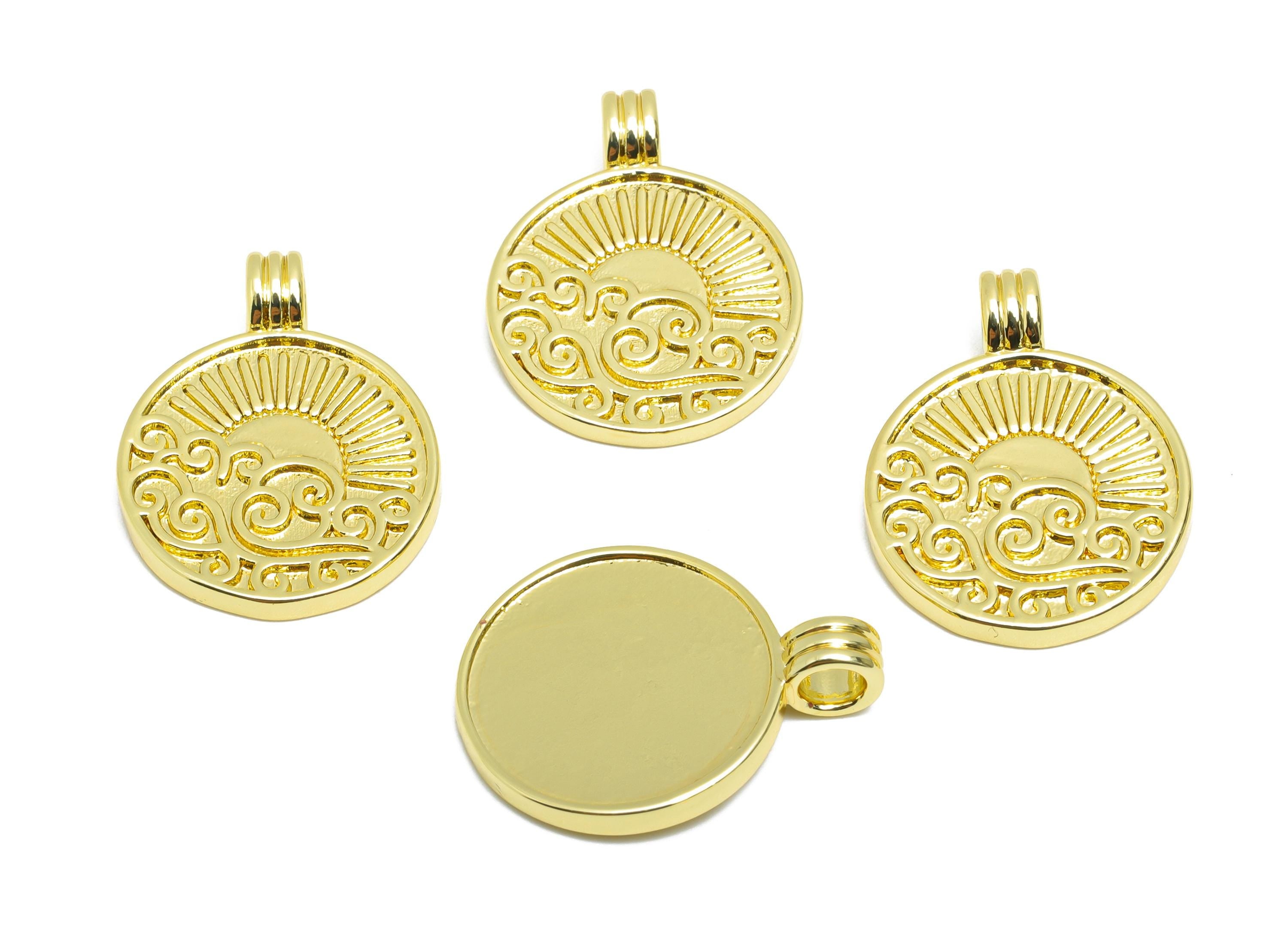 Brass Sunshine Pendant - Brass Sunrise Over the Sea Pendant  - Dainty Gold Engraved Jewelry - 18K Real Gold Plated - 23x17x2.1mm - RGP10568 - DOMEDBAZAAR