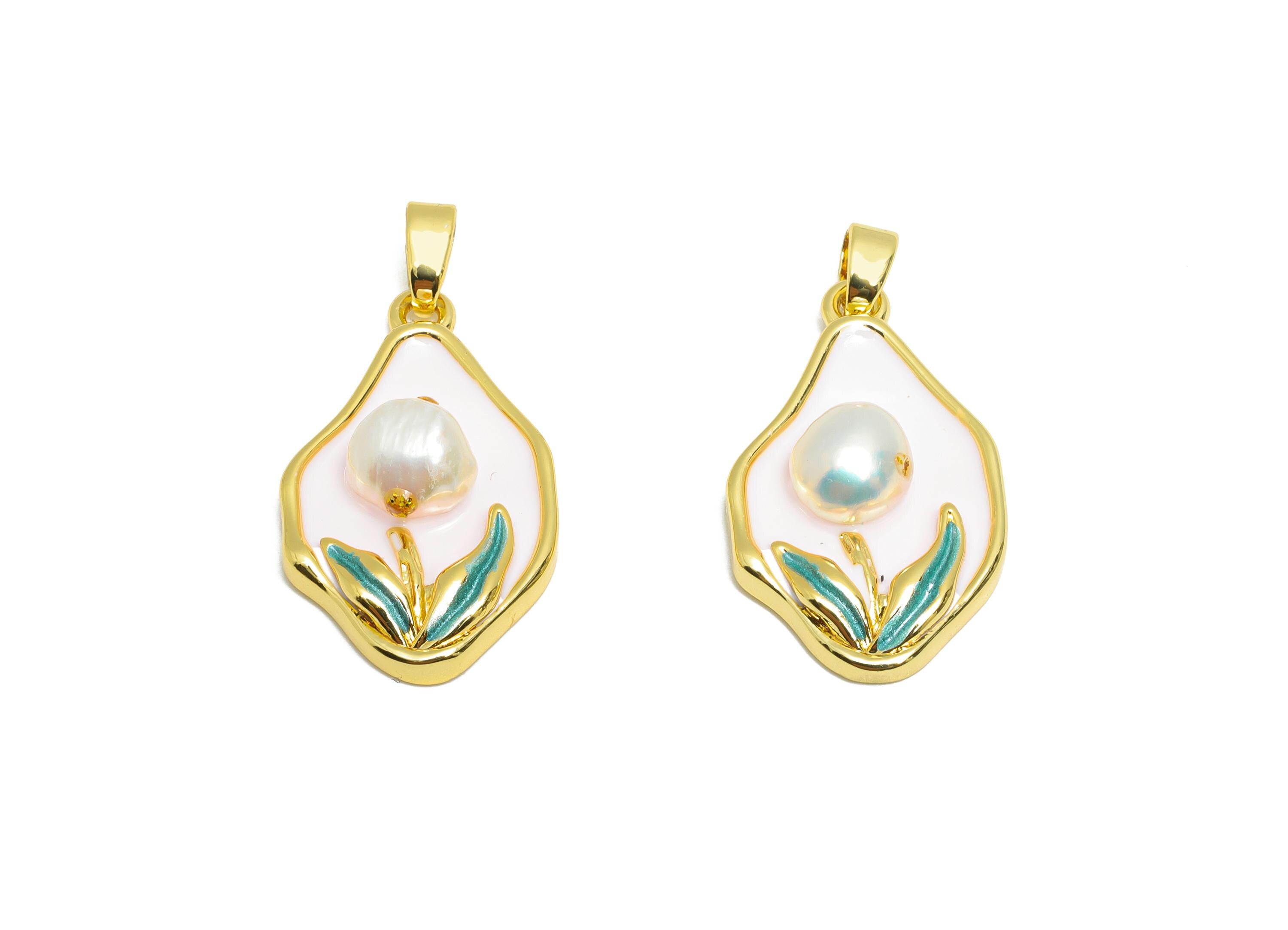 Artistic Pearl Floral Pendant - Chic Enamel Brass Flower Pendant - Necklace Pendant - Dainty Jewelry - 18K Gold Plated -24x15x6mm -RGP10675 - DOMEDBAZAAR