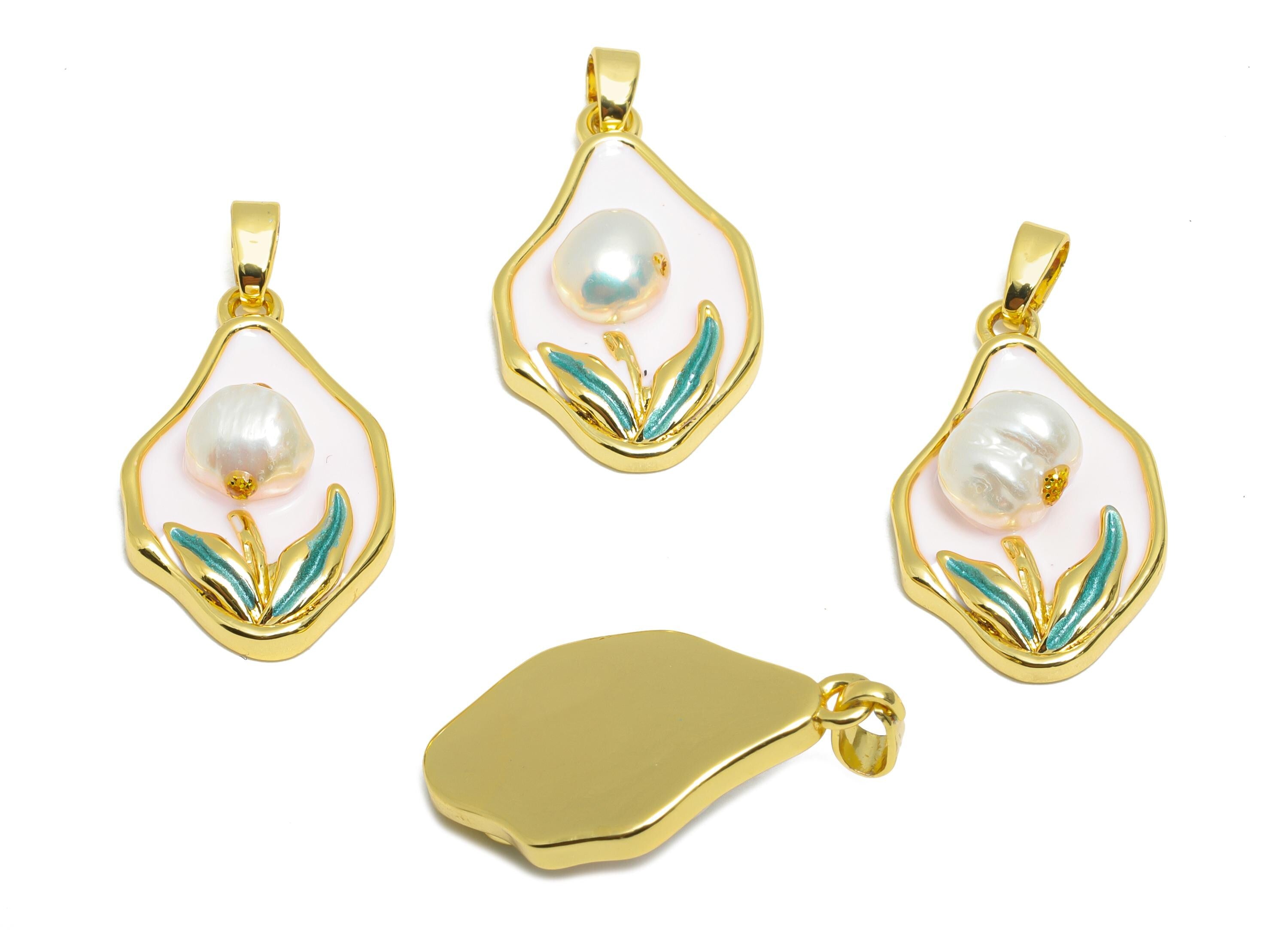 Artistic Pearl Floral Pendant - Chic Enamel Brass Flower Pendant - Necklace Pendant - Dainty Jewelry - 18K Gold Plated -24x15x6mm -RGP10675 - DOMEDBAZAAR