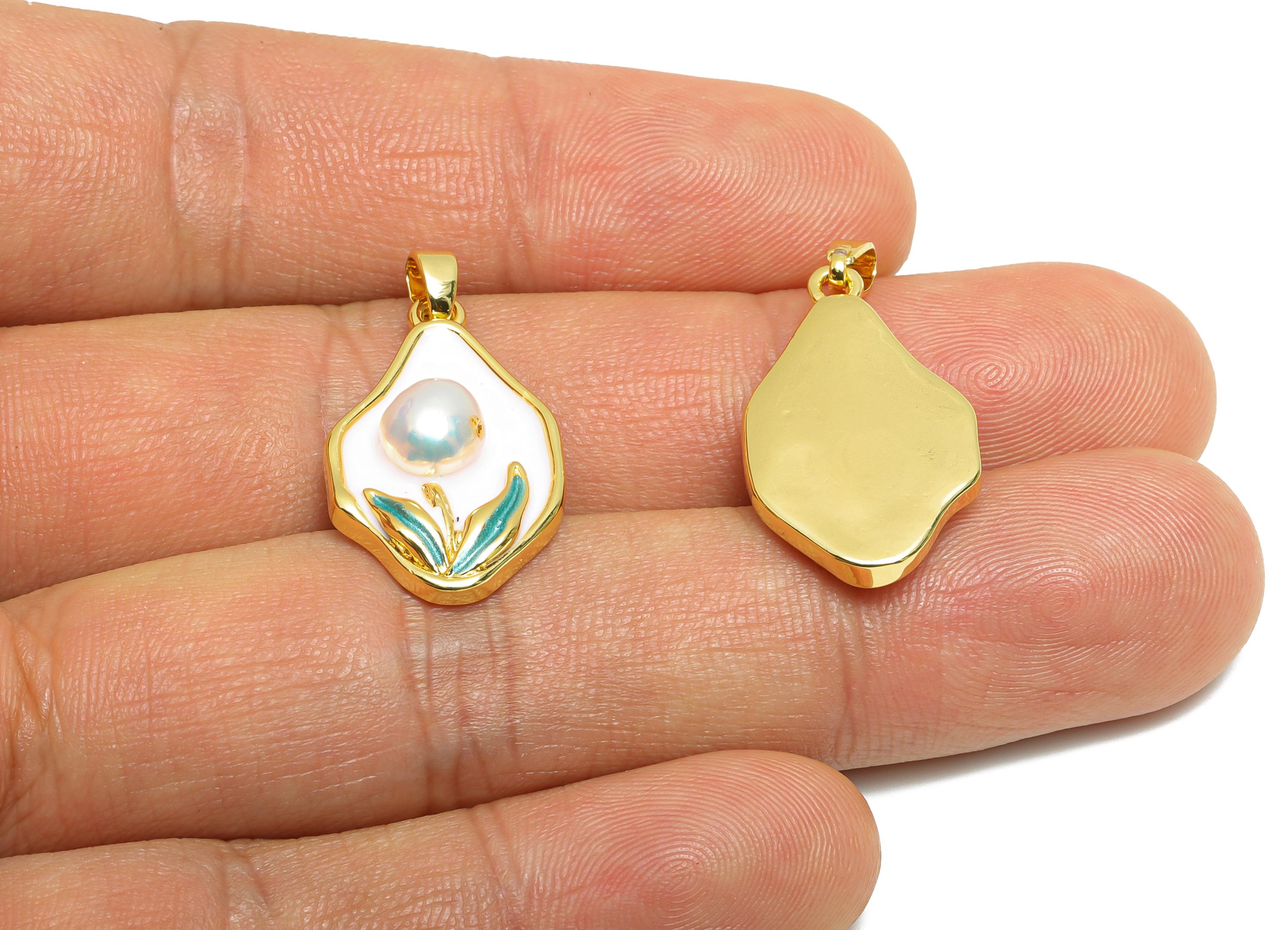 Artistic Pearl Floral Pendant - Chic Enamel Brass Flower Pendant - Necklace Pendant - Dainty Jewelry - 18K Gold Plated -24x15x6mm -RGP10675 - DOMEDBAZAAR