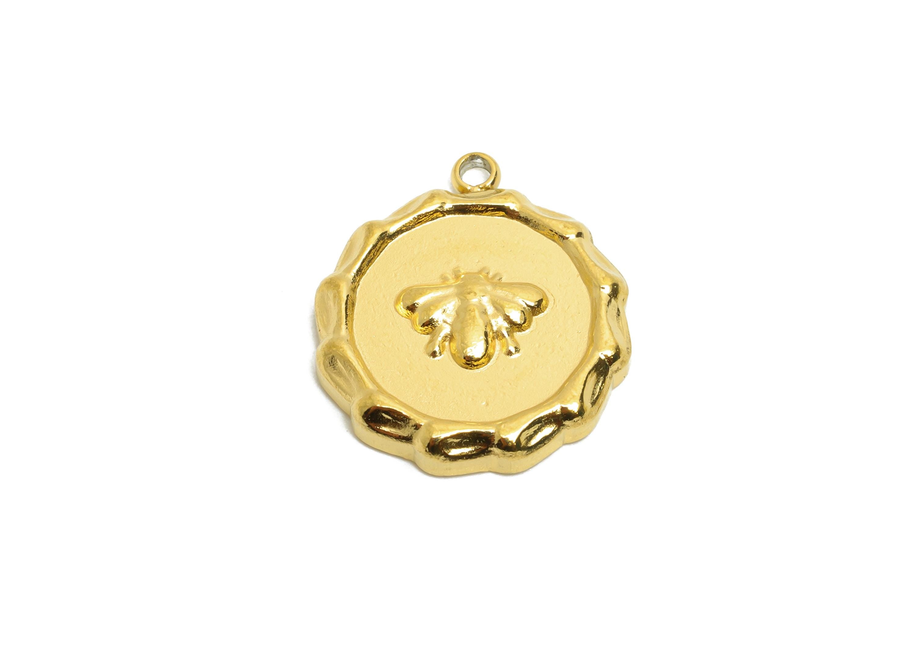 Stainless Steel Bee Charms - Textured Circle Insect Necklace Pendant - 316L Stainless Steel - Steel Findings - 17.48x15.04x3.04mm - SS1645 - DOMEDBAZAAR