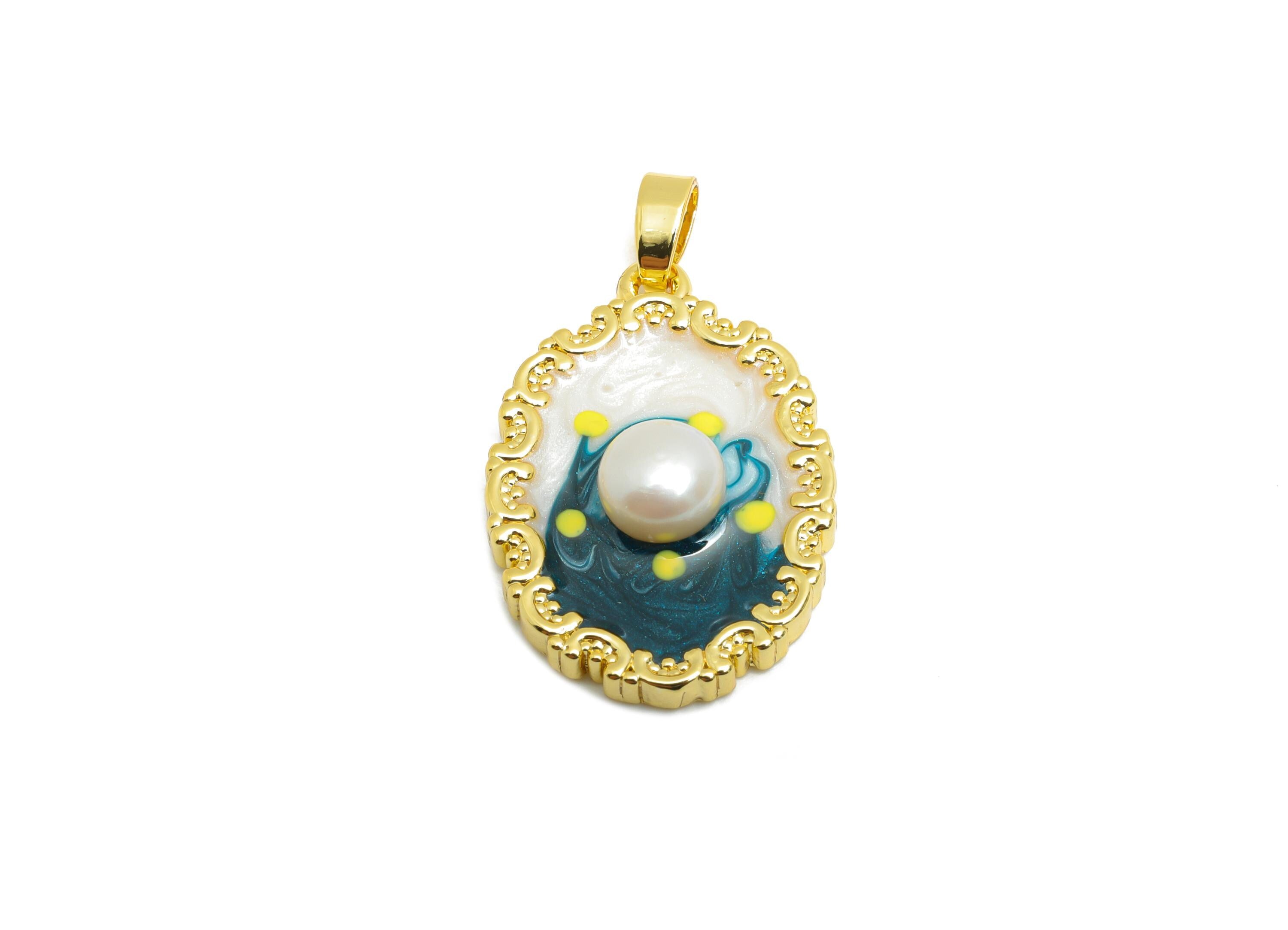 Artistic Pearl Pendant - Chic Enamel Brass Pendant - Gold Pearl Enamel Pendant - Vibrant Colors Jewelry -18K Gold Plated -24x16x5mm-RGP10681 - DOMEDBAZAAR