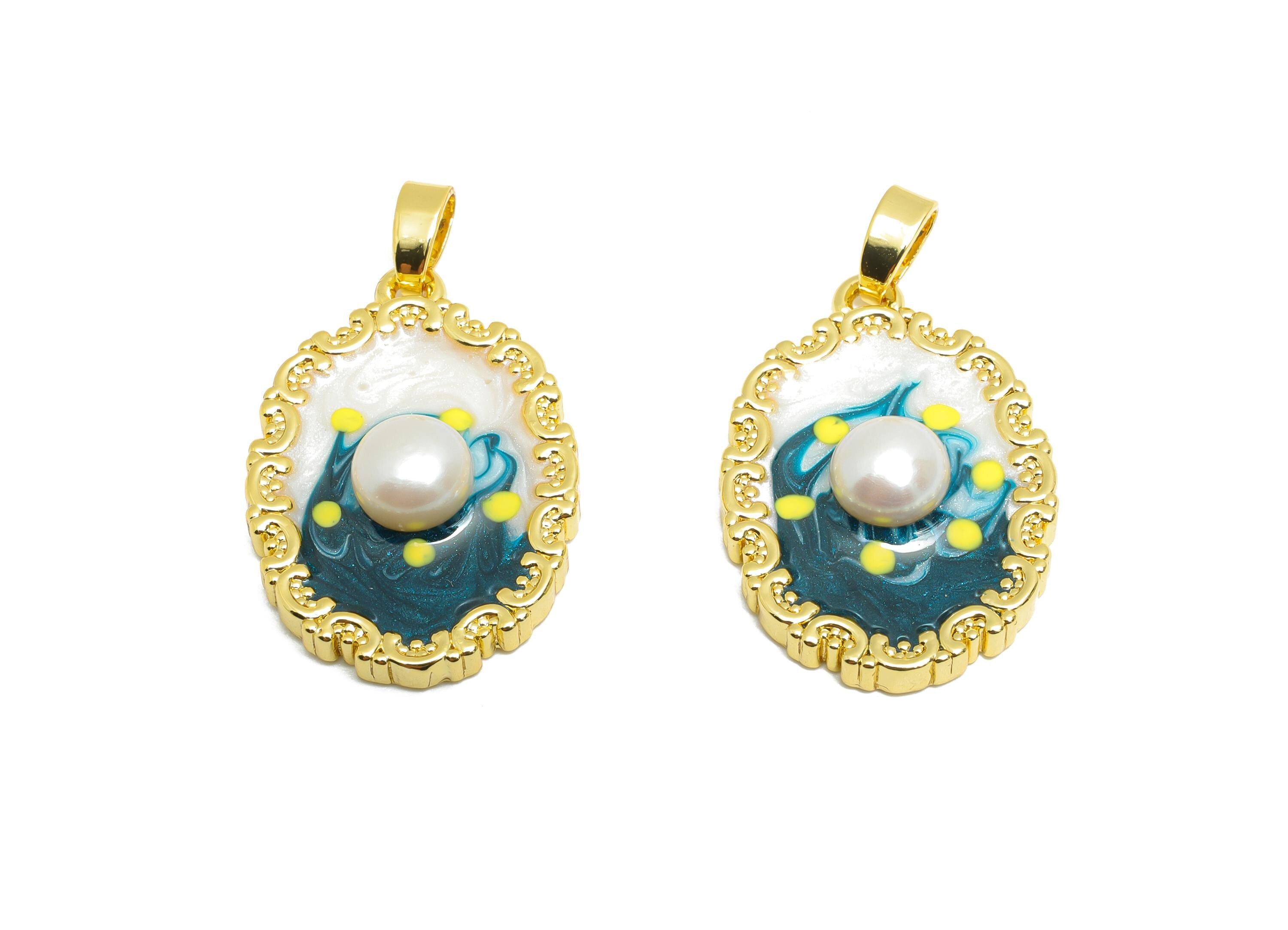 Artistic Pearl Pendant - Chic Enamel Brass Pendant - Gold Pearl Enamel Pendant - Vibrant Colors Jewelry -18K Gold Plated -24x16x5mm-RGP10681 - DOMEDBAZAAR