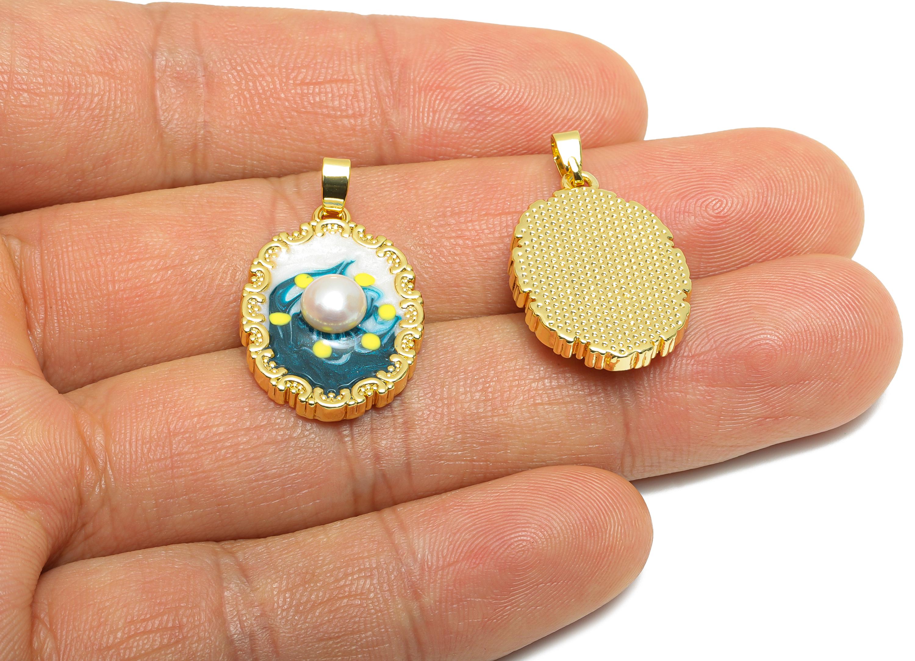 Artistic Pearl Pendant - Chic Enamel Brass Pendant - Gold Pearl Enamel Pendant - Vibrant Colors Jewelry -18K Gold Plated -24x16x5mm-RGP10681 - DOMEDBAZAAR