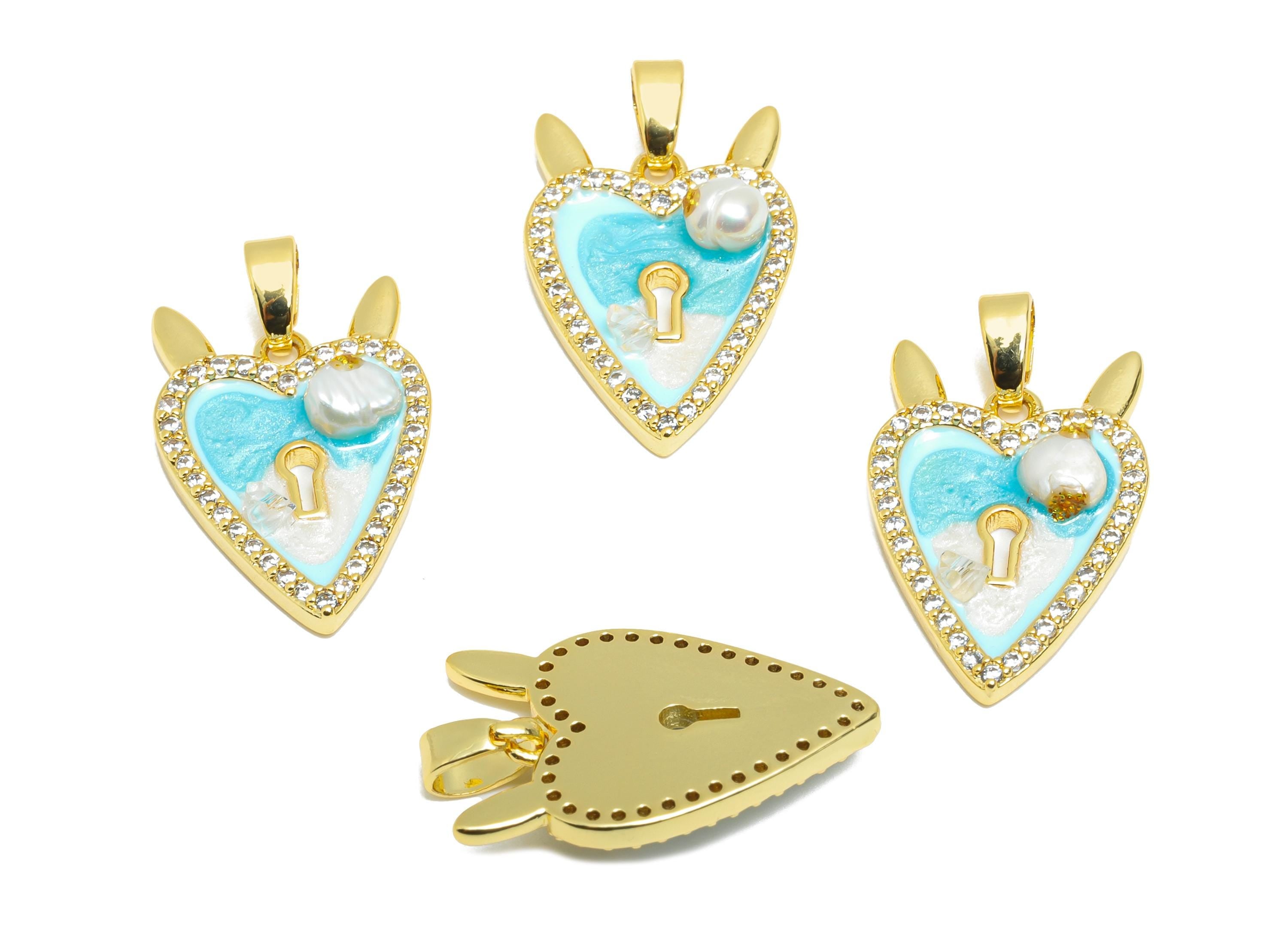 Brass Artistic Heart Pendant - Chic Zircon Enamel Painting Pendant - Heart Lock Dainty Jewelry - 18K Gold Plated - 20x13x3.71mm - RGP10651 - DOMEDBAZAAR