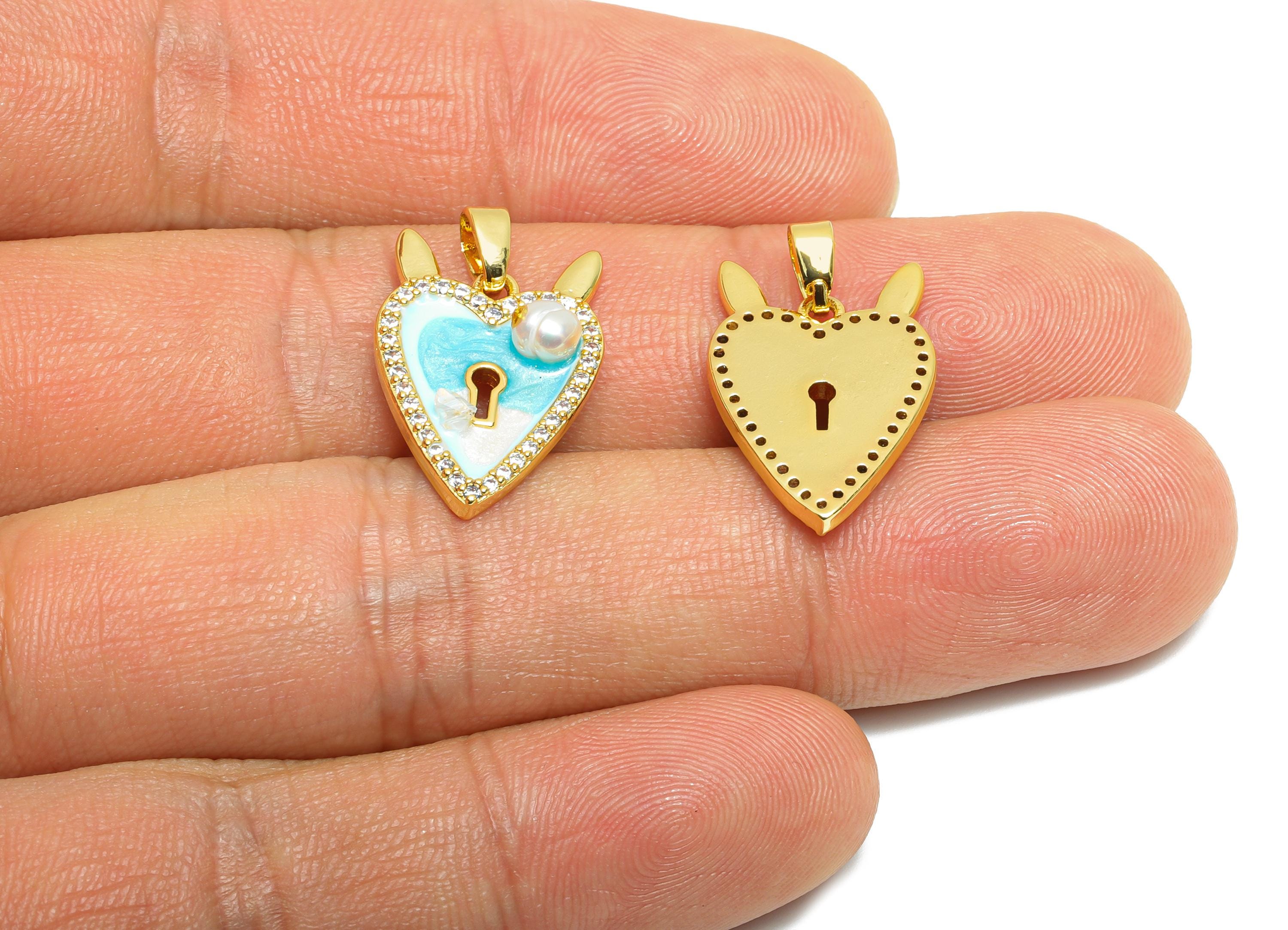 Brass Artistic Heart Pendant - Chic Zircon Enamel Painting Pendant - Heart Lock Dainty Jewelry - 18K Gold Plated - 20x13x3.71mm - RGP10651 - DOMEDBAZAAR