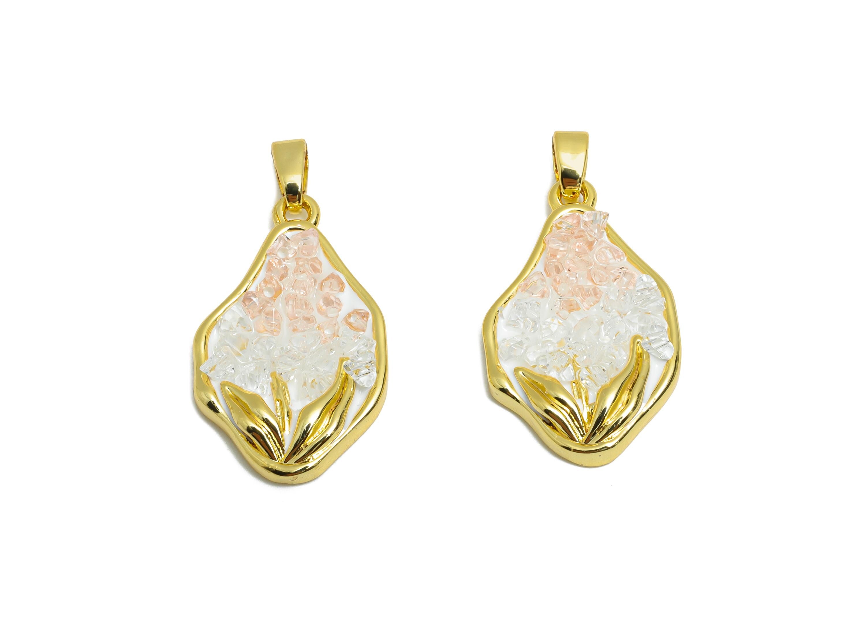 Brass Abstract Floral Pendant - Sparking Gold Crystals Pendant - Rose Quartz Enamel Jewelry - 18K Real Gold Plated  - 23x14x4mm - RGP10656 - DOMEDBAZAAR