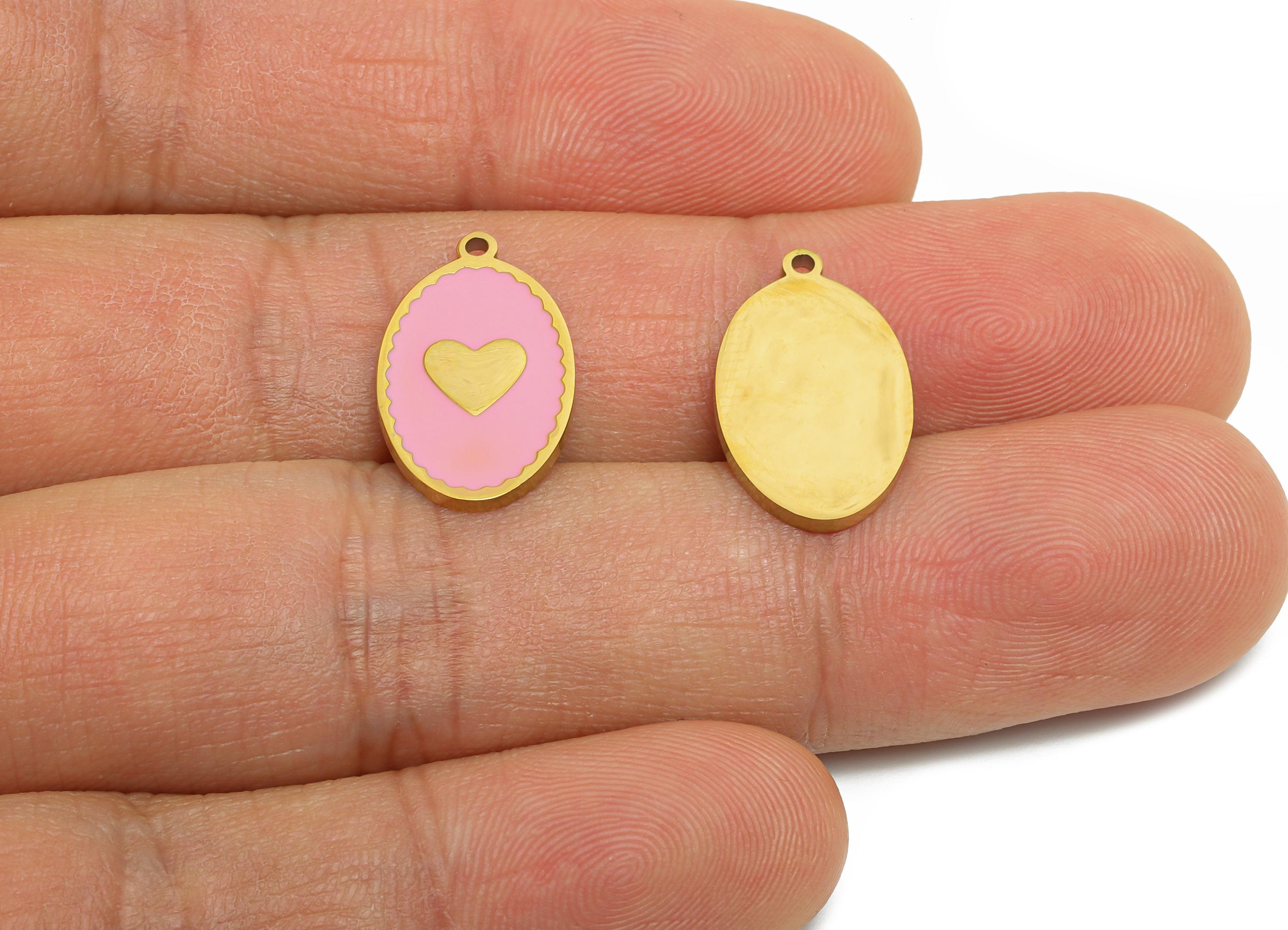 Stainless Steel Heart Charms - Elegant Oval Enamel Heart Necklace Pendant - 316L Stainless Steel - Steel Finding - 18.19x11x1.38mm - SS1617 - DOMEDBAZAAR