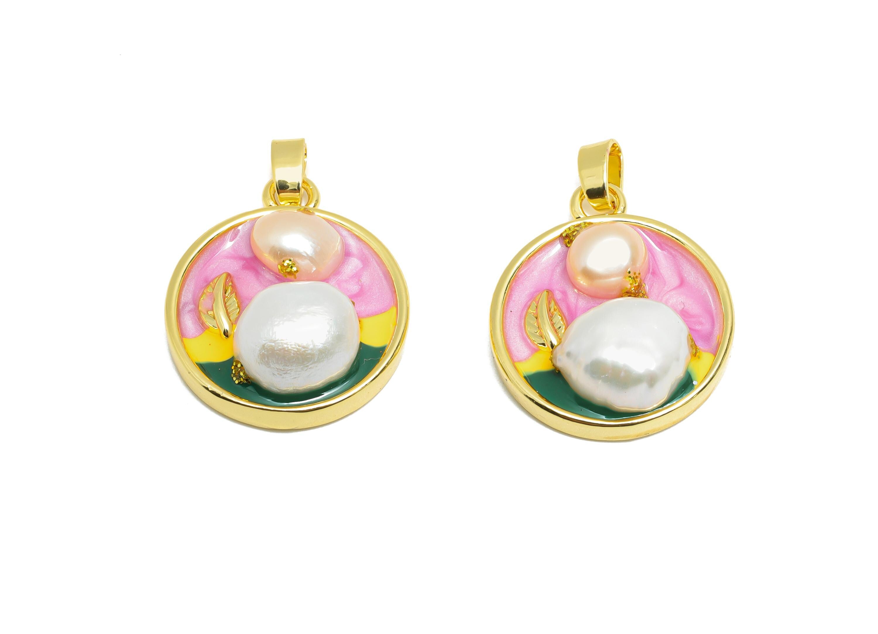 Brass Artistic Pearl Pendant - Chic Colorful Enamel Painting Pendant - Vintage Dainty Jewelry - 18K Gold Plated - 21x17x6.82mm - RGP10676 - DOMEDBAZAAR