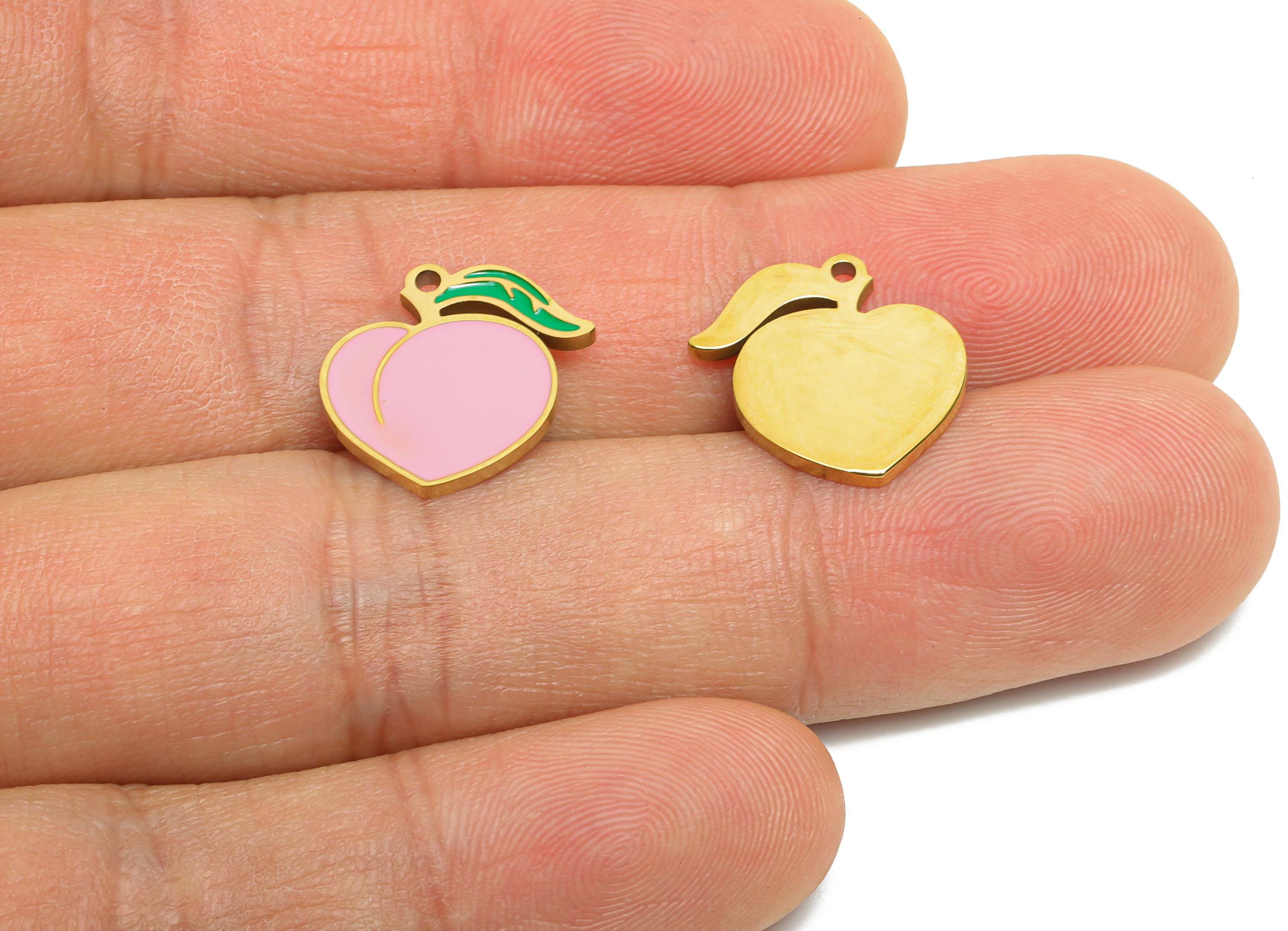 Stainless Steel Peach Charms - Enamel Peach  Pink And Green Charm - 316L Stainless Steel - Sweet Peach Jewelry Piece - 14x15x1.4mm - SS1661 - DOMEDBAZAAR