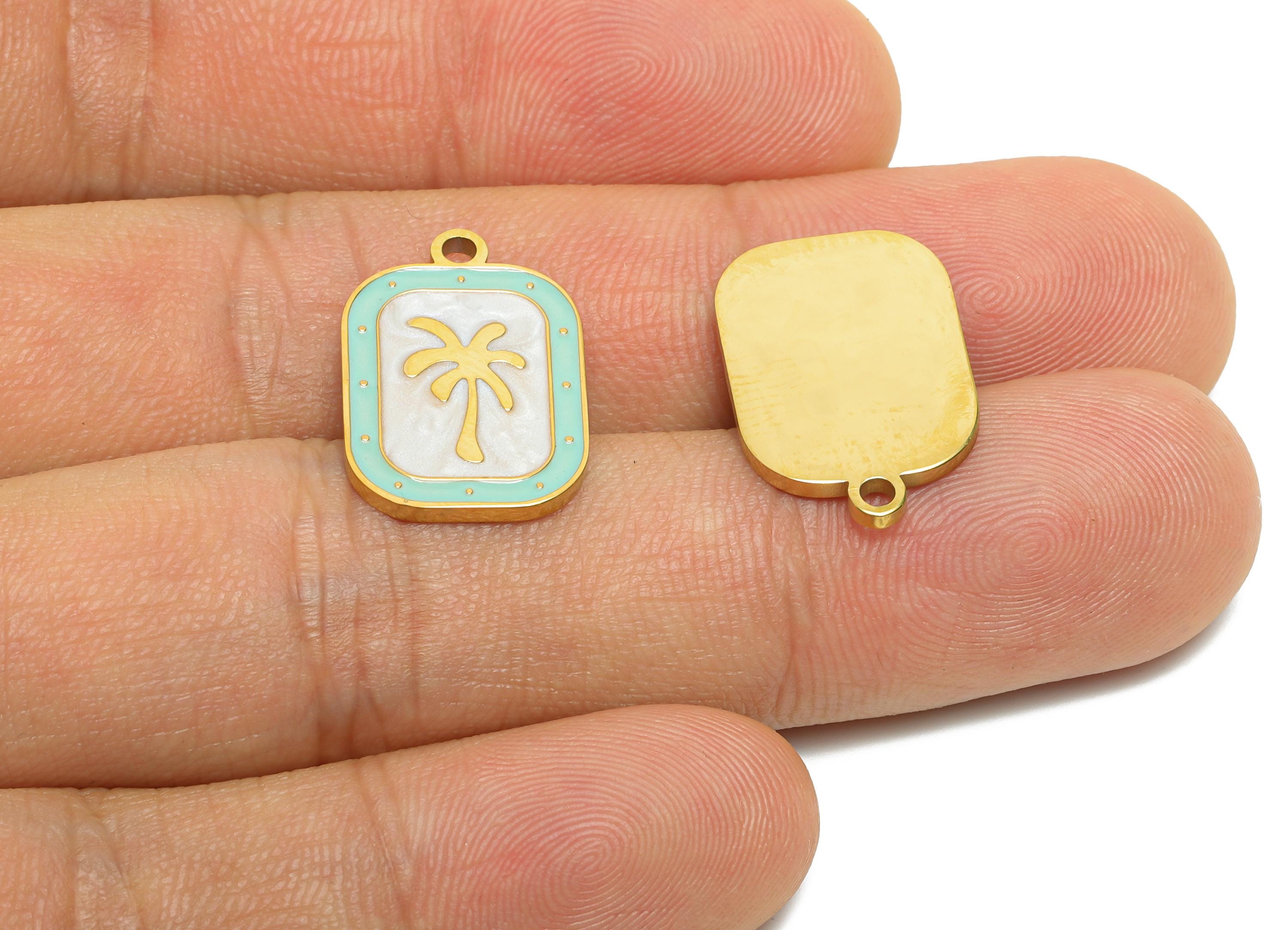Stainless Steel Tree Charms - Enamel Palm Tree Pendant - Minimalist Tropical Jewelry - Beach Vibes Jewelry Piece -19.67x13.1x1.39mm - SS1663 - DOMEDBAZAAR