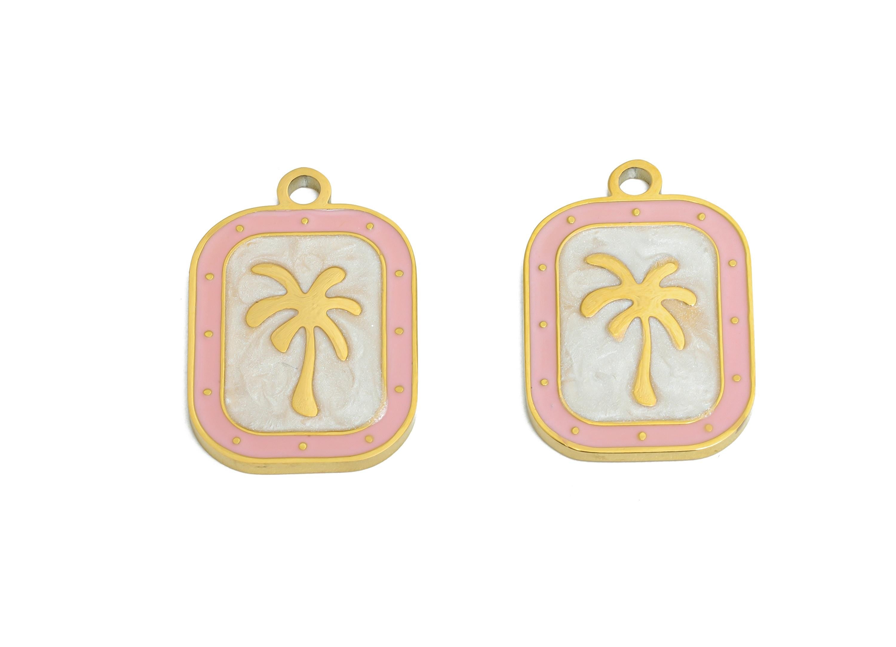 Stainless Steel Tree Charms - Enamel Palm Tree Pendant - Minimalist Tropical Jewelry - Beach Vibes Jewelry Piece - 19x13x1.36mm - SS1660 - DOMEDBAZAAR