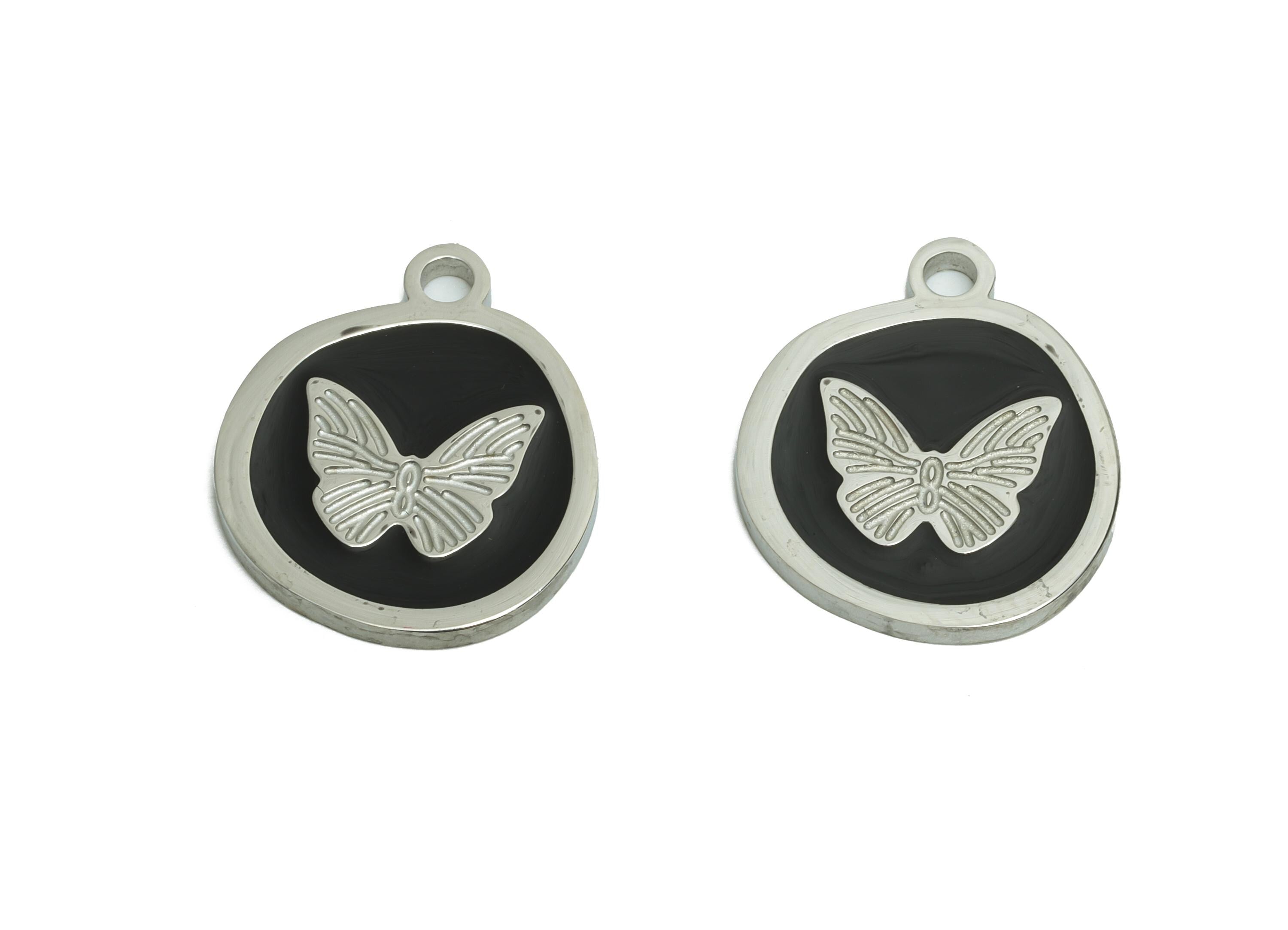 Stainless Steel Butterfly Charms - Dainty Enamel Black Pendant - Modern Butterfly Enamel Charm - Whimsical Jewelry - 17x15x1.36mm - SS1630 - DOMEDBAZAAR
