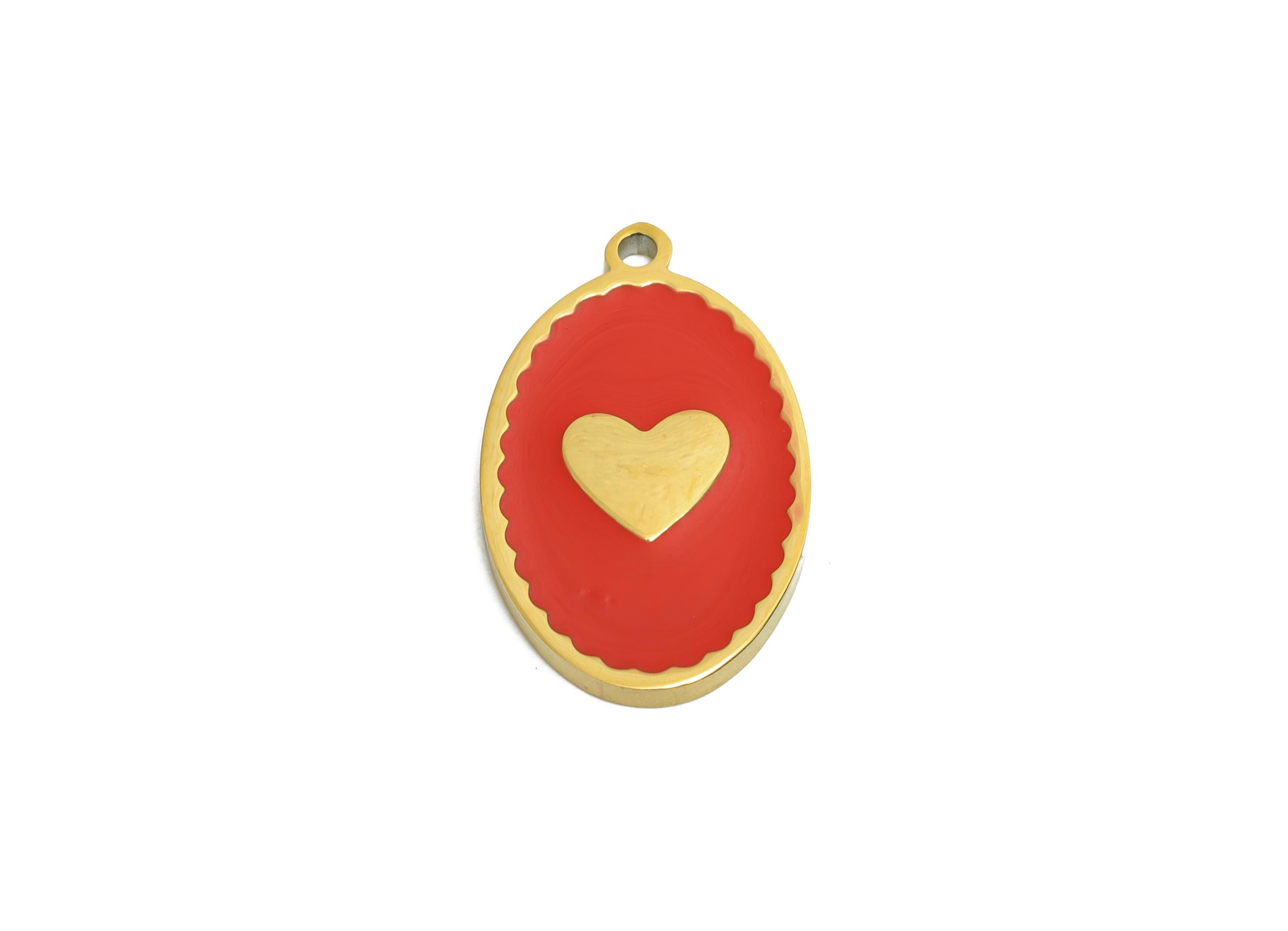 Stainless Steel Heart Charm - Elegant Oval Red Enamel Heart Pendant - 316L Stainless Steel - Elegant Steel Jewelry - 18.1x11x1.37mm - SS1614 - DOMEDBAZAAR