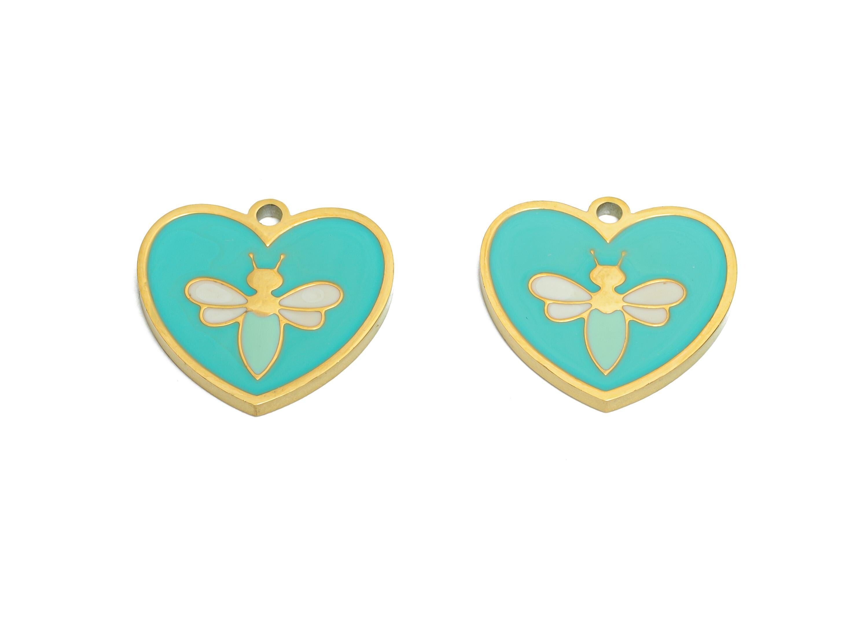 Stainless Steel Heart Charms - Dainty Enamel Heart Bee Pendant - Modern Bee Motif Pendant - Whimsical Jewelry - 14x15x1.35mm - SS1669 - DOMEDBAZAAR