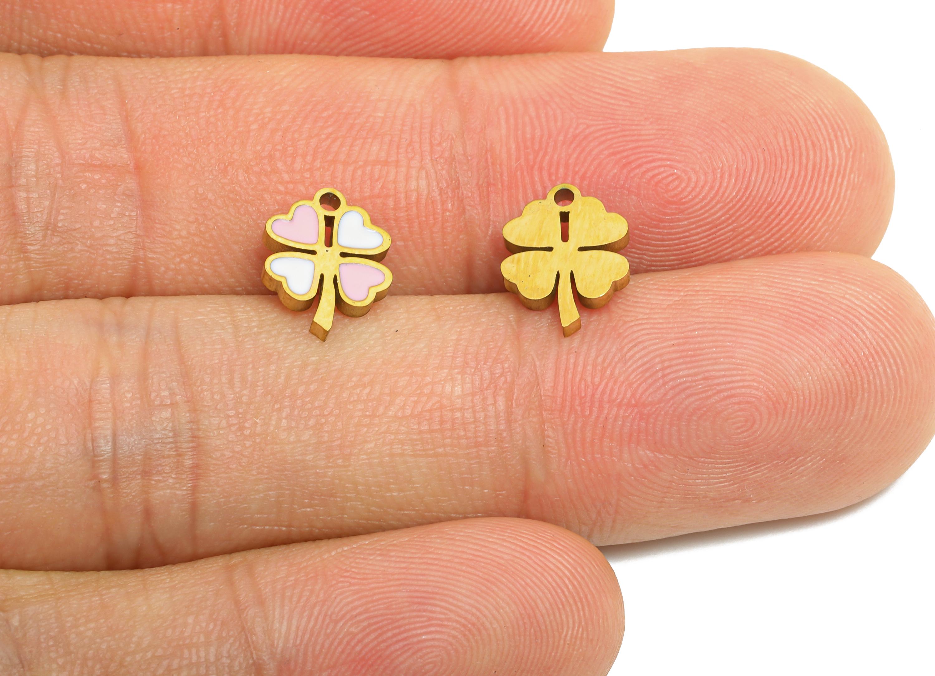 Stainless Steel Floral Charms - Dainty Enamel Clover Charm - Modern Flower Summer Pendant - Lucky Clover Jewelry - 10.66x8.56x1mm - SS1637 - DOMEDBAZAAR