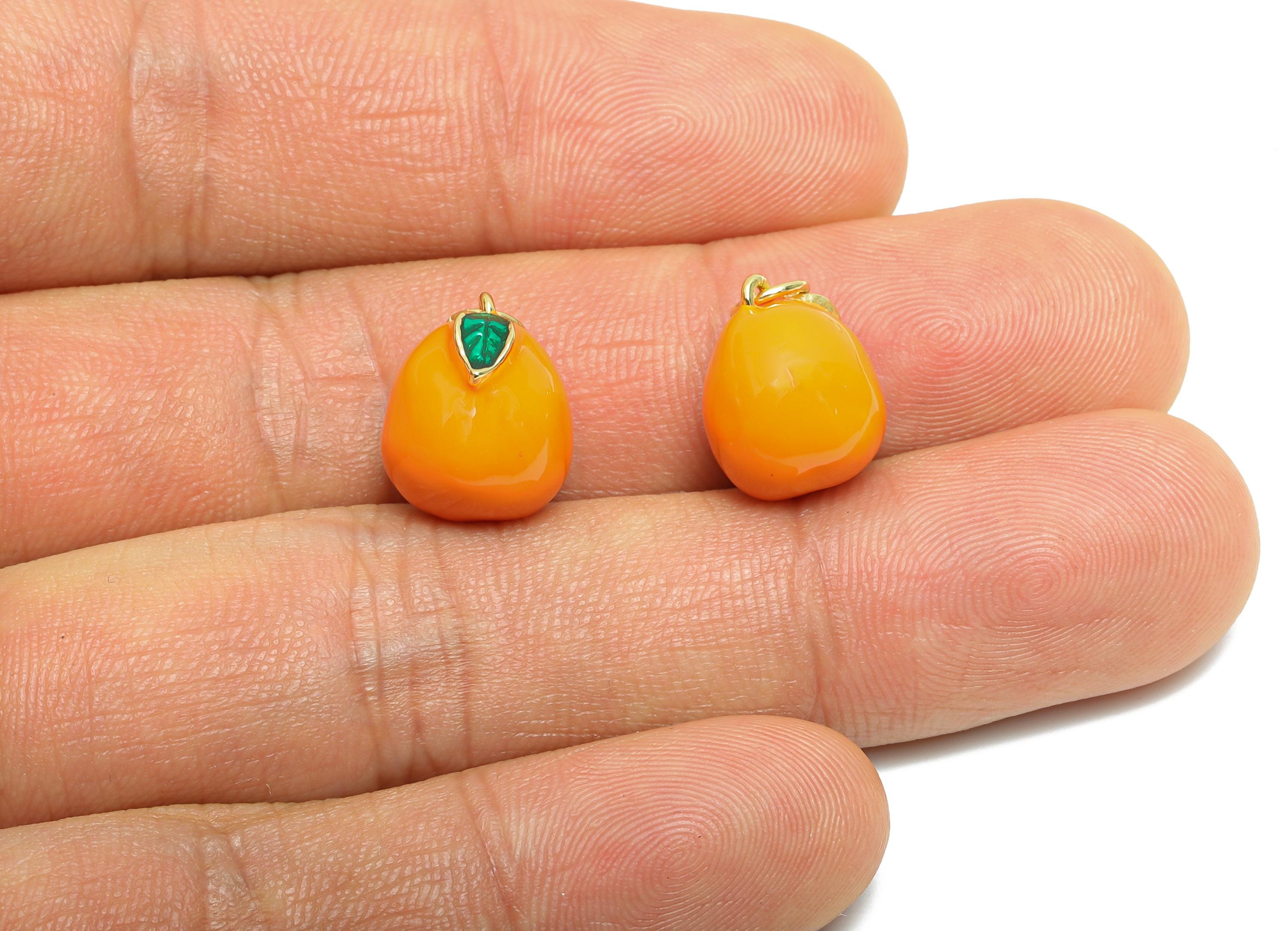 Brass Orange Bracelet Charm - Colorful Enamel Orange Fruit Charm - Unique Food Pendant - 18K Real Gold Plated - 13.5x11.16x10.98mm -RGP10588 - DOMEDBAZAAR
