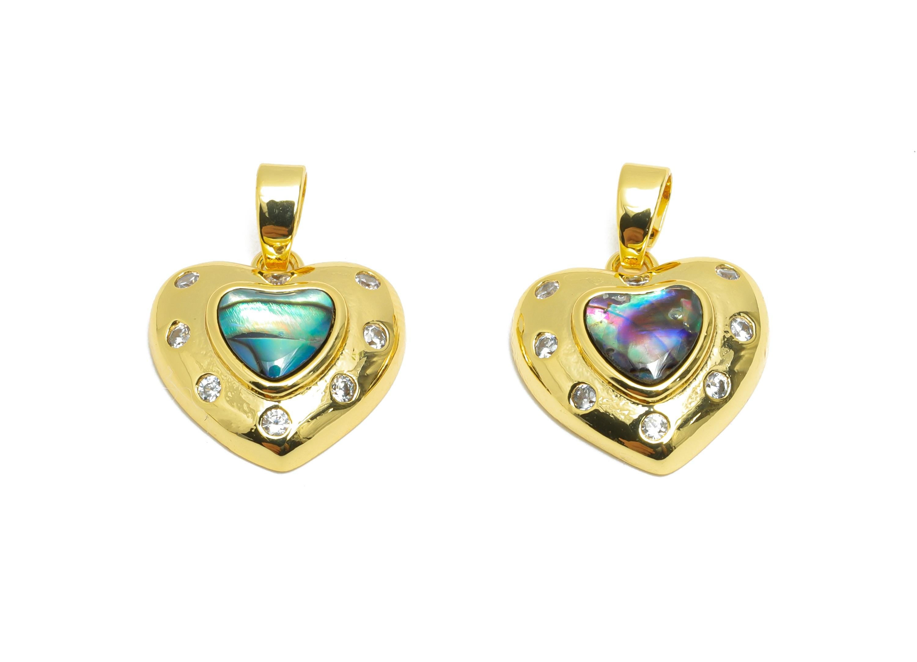 Brass Shell Heart Pendant - Brass Dainty Abalone Cubic Zircon - CZ Gold Shell Earring Pendant - 18K Real Gold Plated - 13x13x5mm - RGP10673 - DOMEDBAZAAR