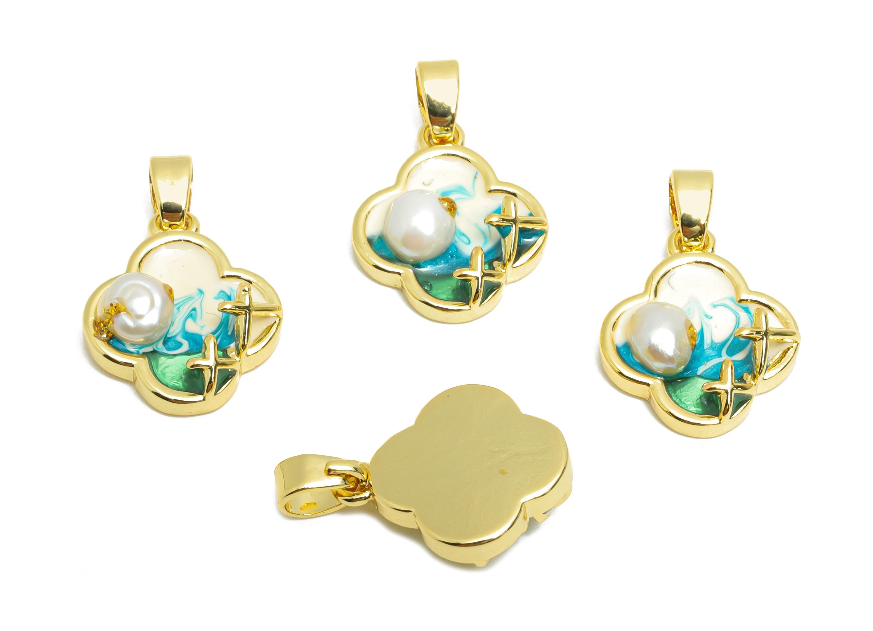 Brass Colorful Pendant - Brass Dainty Enamel With Pearl Pendant - Painting Pendant - for Necklace - 18K Real Gold Plated -14x11x3mm-RGP10682 - DOMEDBAZAAR