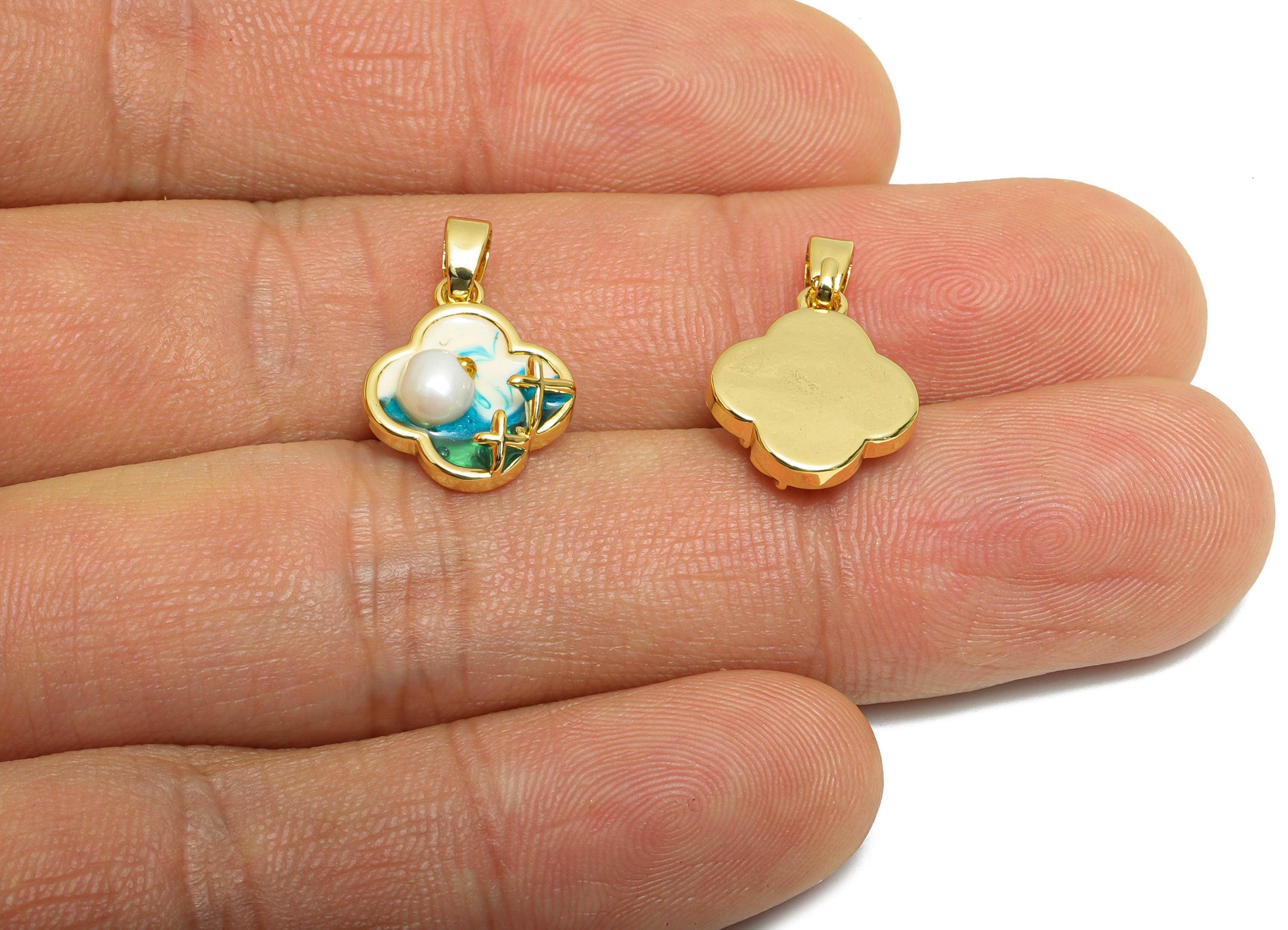 Brass Colorful Pendant - Brass Dainty Enamel With Pearl Pendant - Painting Pendant - for Necklace - 18K Real Gold Plated -14x11x3mm-RGP10682 - DOMEDBAZAAR