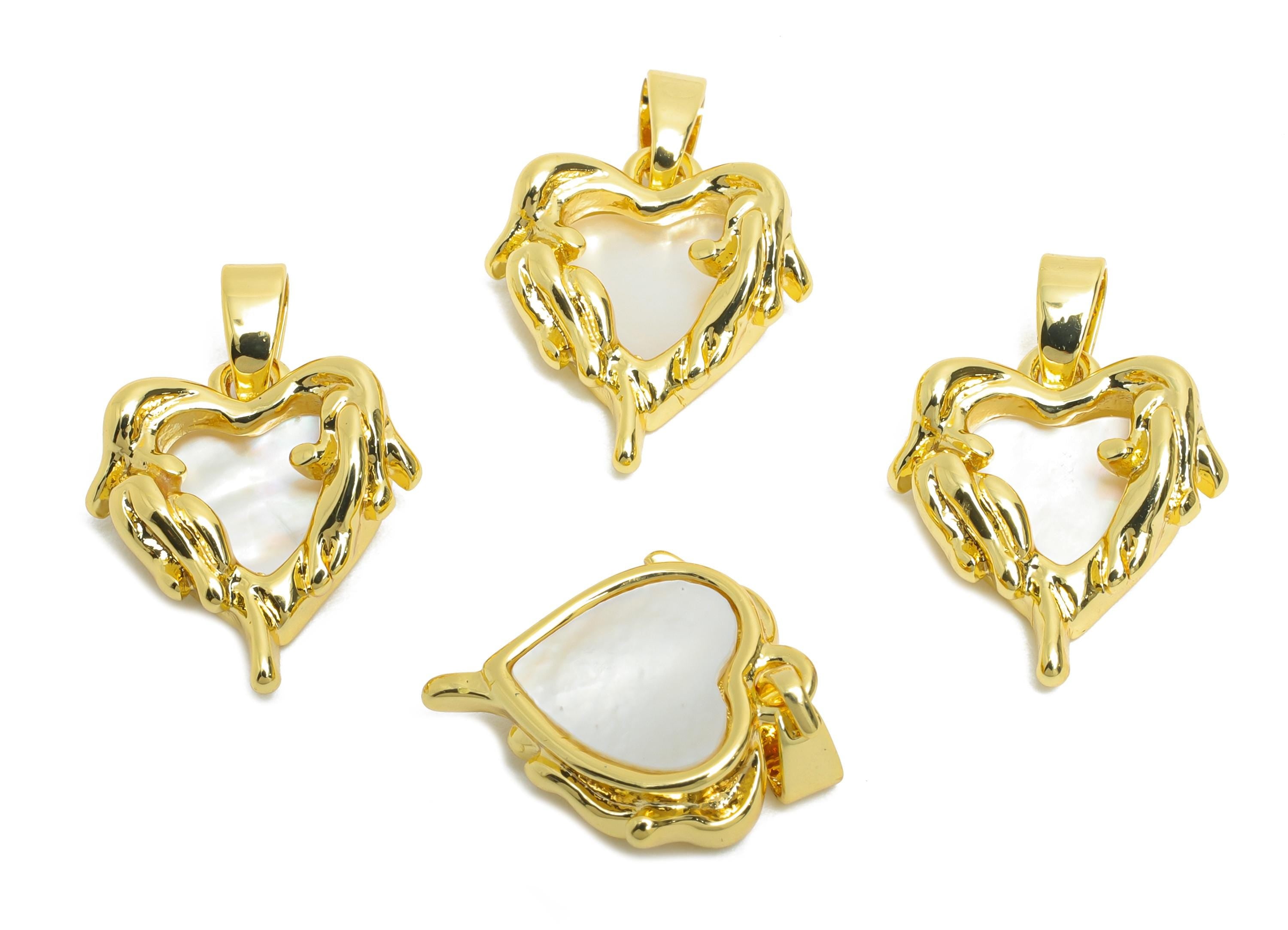 Gold Heart Pendant - Brass Dainty Angel Wing Pearl Pendant - Vintage Pendant - for Necklace - 18K Real Gold Plated - 15x13x3mm - RGP10659 - DOMEDBAZAAR