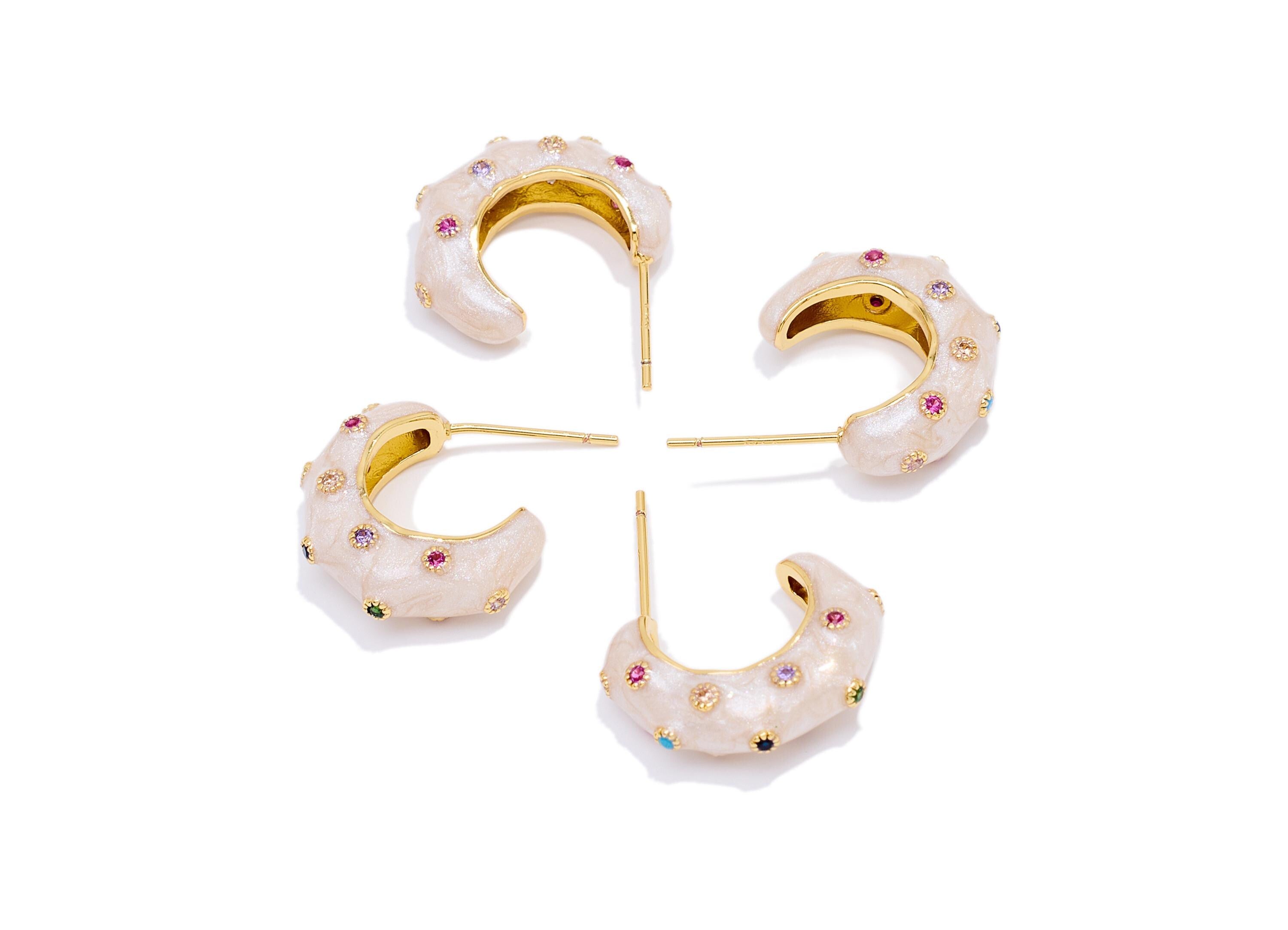 Brass Hoop Earring Post - Colorful Enamel Zircon Earring Stud - Gold Chic Hoop Earring - 18K Real Gold-Plated - 19x22x5mm - RGP10572 - DOMEDBAZAAR